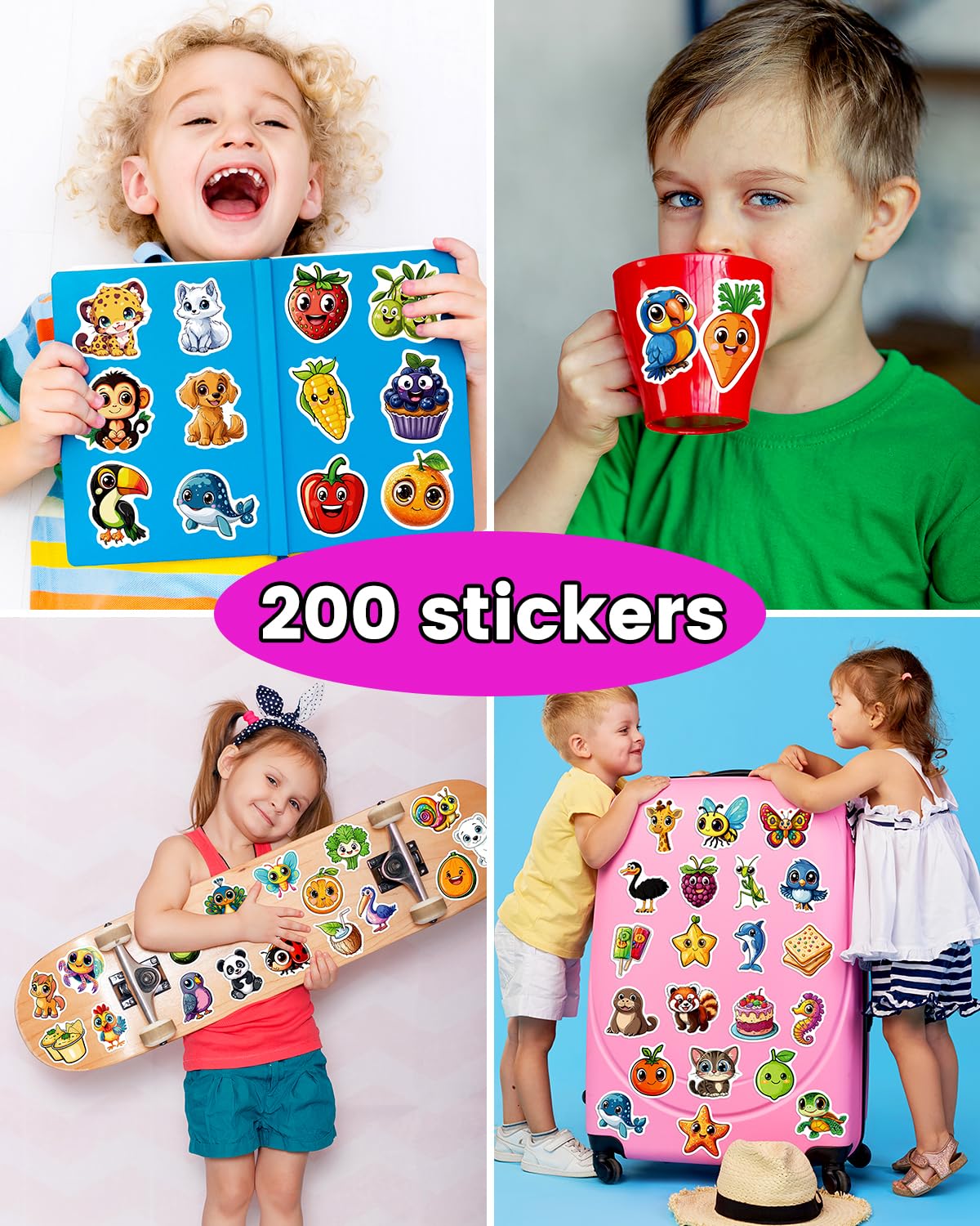 JCFIRE 200 Stück Aufkleber für Kinder, gemischt, wasserdicht, niedliche Tiere, Vinyl-Scrapbook-Aufkleber für Wasserflasche, Buch, Laptop, Goodie Bags Stuffers Kids Party Favors, ästhetisches