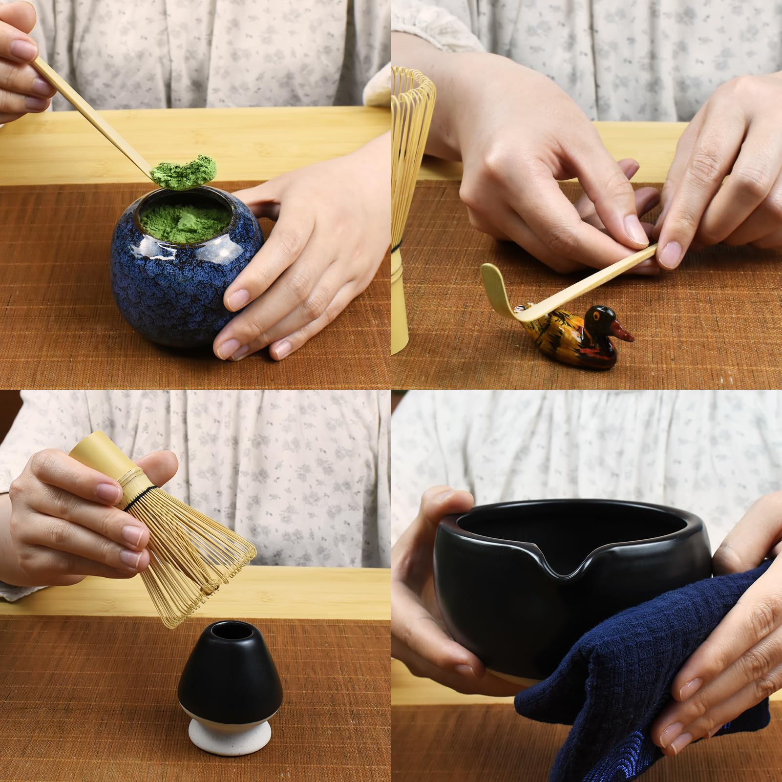 Artcome Kit completo per cerimonia del tè Matcha, 7 pezzi, ciotola con beccuccio, frusta, paletta, colino per preparare Usucha, Koicha e Latte (nero)