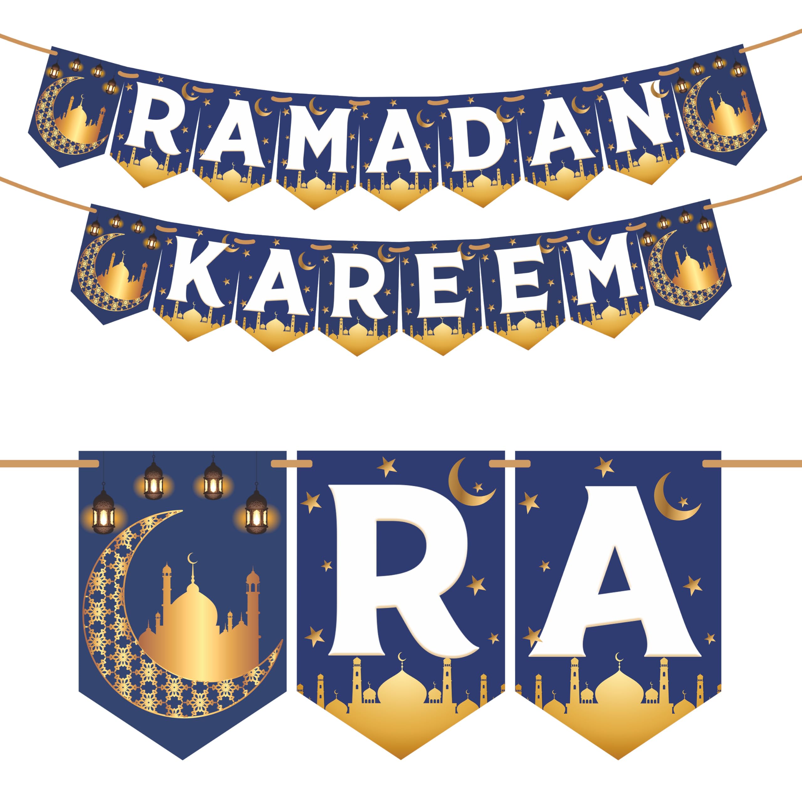 WOBBOX Ramadan Kareem Blue, White & Golden Color Bunting Banner, Ramadan Decoration Items, Eid Mubarak Decorations