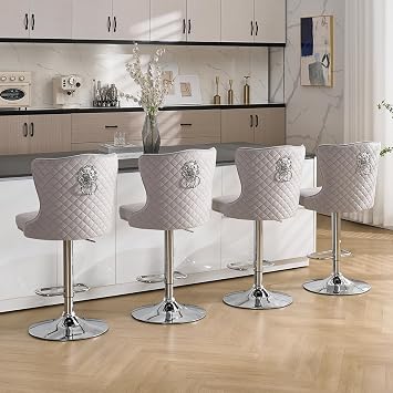 Velvet Bar Stools Set of 4 Lion Knocker Adjustable,Light Grey | Breakfast Bar Stools With Ring Pull,Swivel 360 ,Modern Stools For Bistro Home Bar Pub