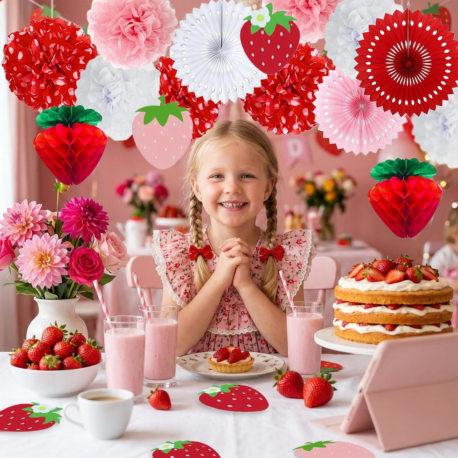 Strawberry Party Decorations Red Pink White Tissue Pom Poms Fans Honeycom Balls Lanterns Garland Classroom Berry Sweet Fruits Themed 1st One Baby Shower Birthday Bridal Décor Supplies Girls
