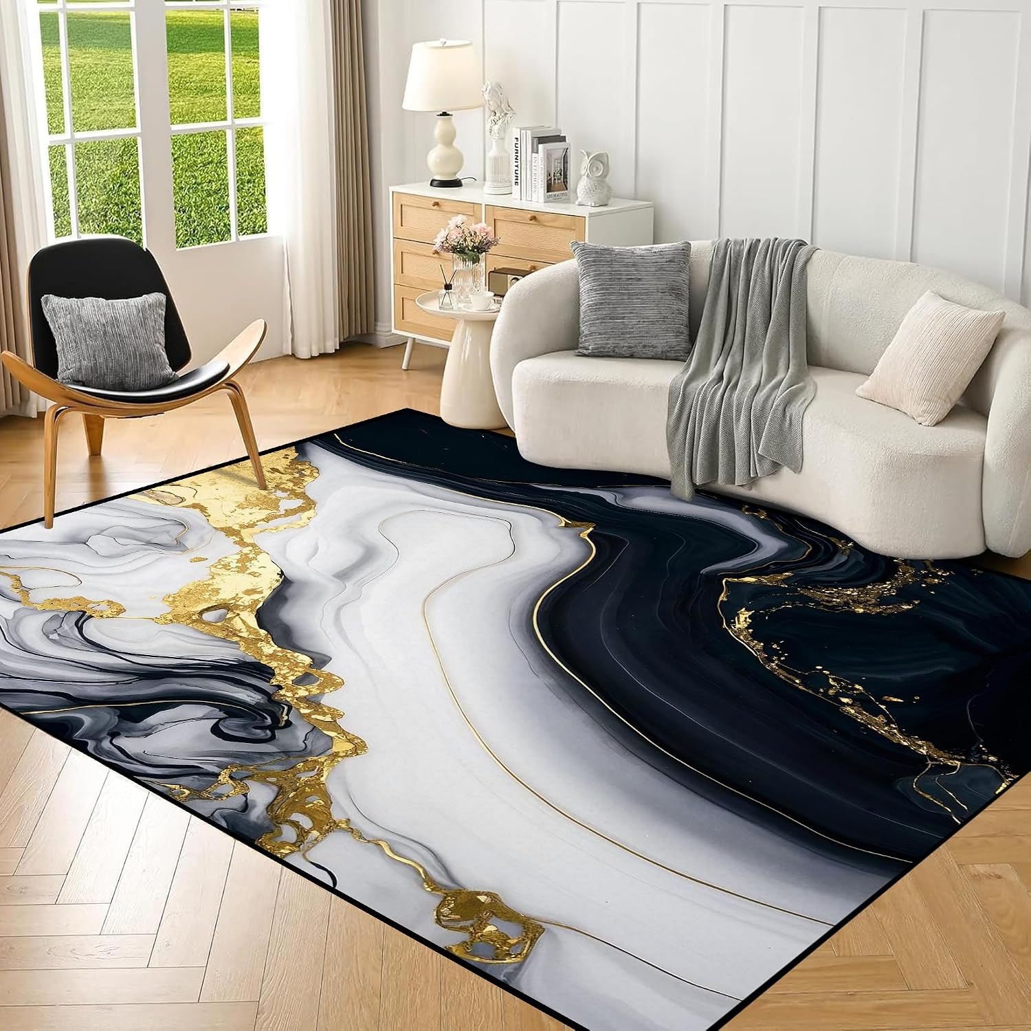 6' X 9' Marble Area Rug for Living Room Playroom Dorm 3D Navy Black Gold White Marble Rugs for Teens Boys Adults Bedroom Marbling Floor Mat Modern Throw Rug Carpet Game Room Decor