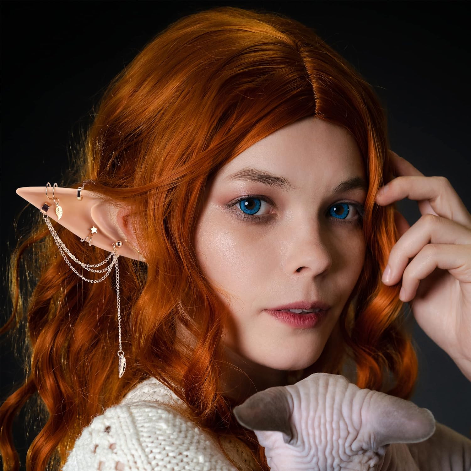 FRESHME Elf Ears with Earrings Set - 2 Pairs Fairy Pixie Soft Ears with Non-Piercing Moon Cuffs Earring image 5