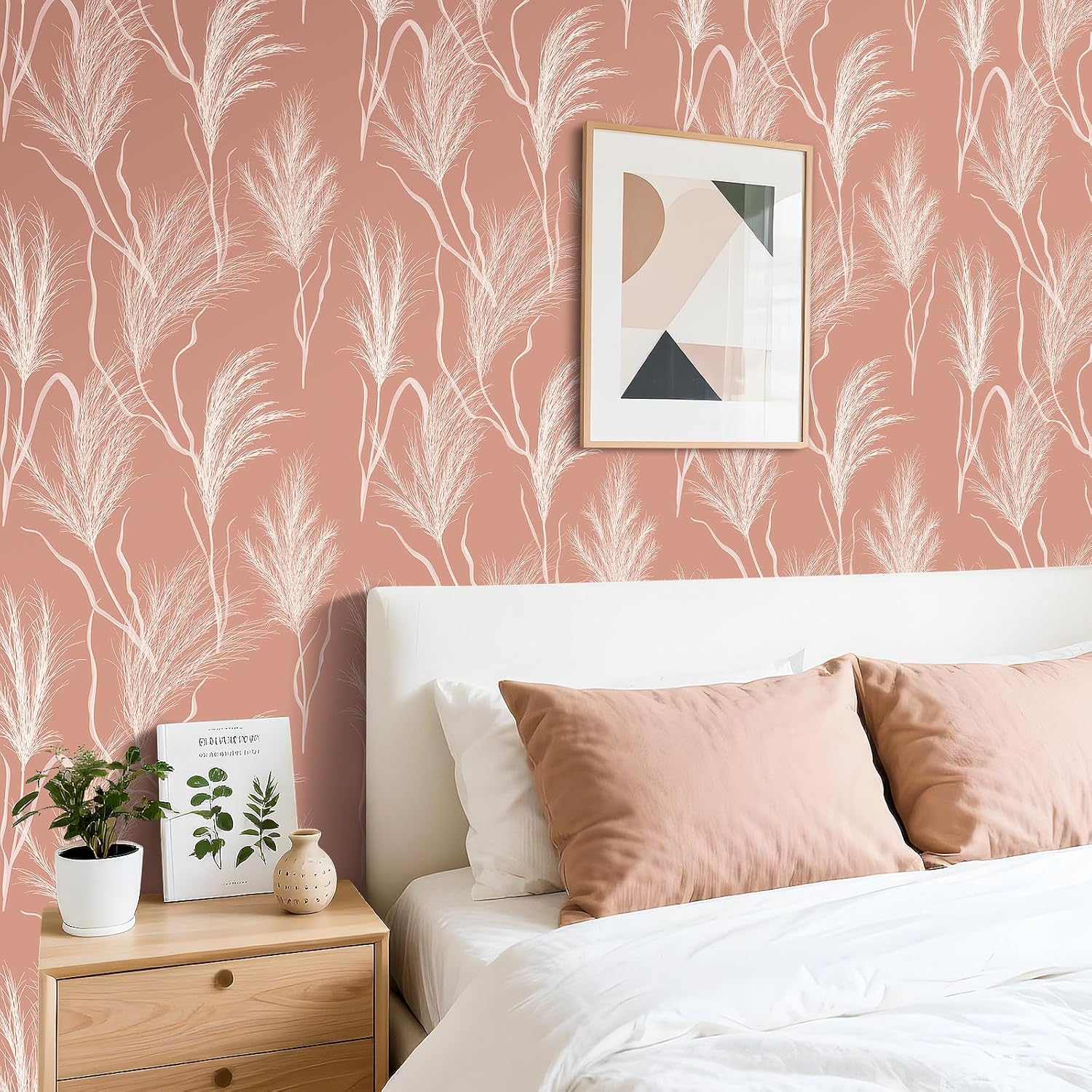 FunStick 17.5"x354" Brown Pink Botanical Peel and Stick Wallpaper Boho Pampas Grass Leaves Floral Self Adhesive Contact Paper Decorative Pink and White Wallpaper for Girls Kids Room Bathroom Walls