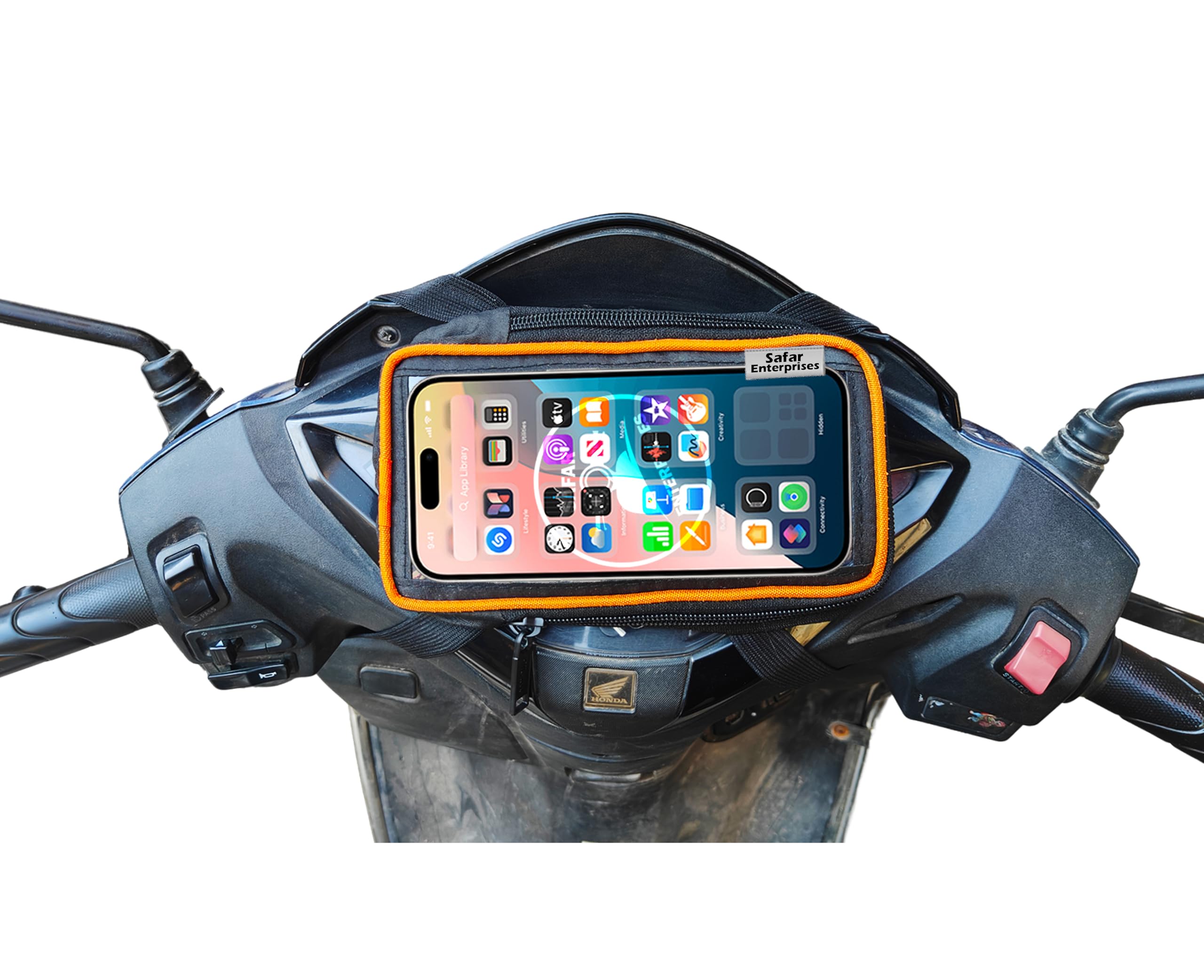 Scooty Mobile Holder for All Scooter & Scooty | Adjustable Buckle Strap | Shockproof Design | Universal Fit for All Smartphones (Orange-Holder-S8E)-image-21