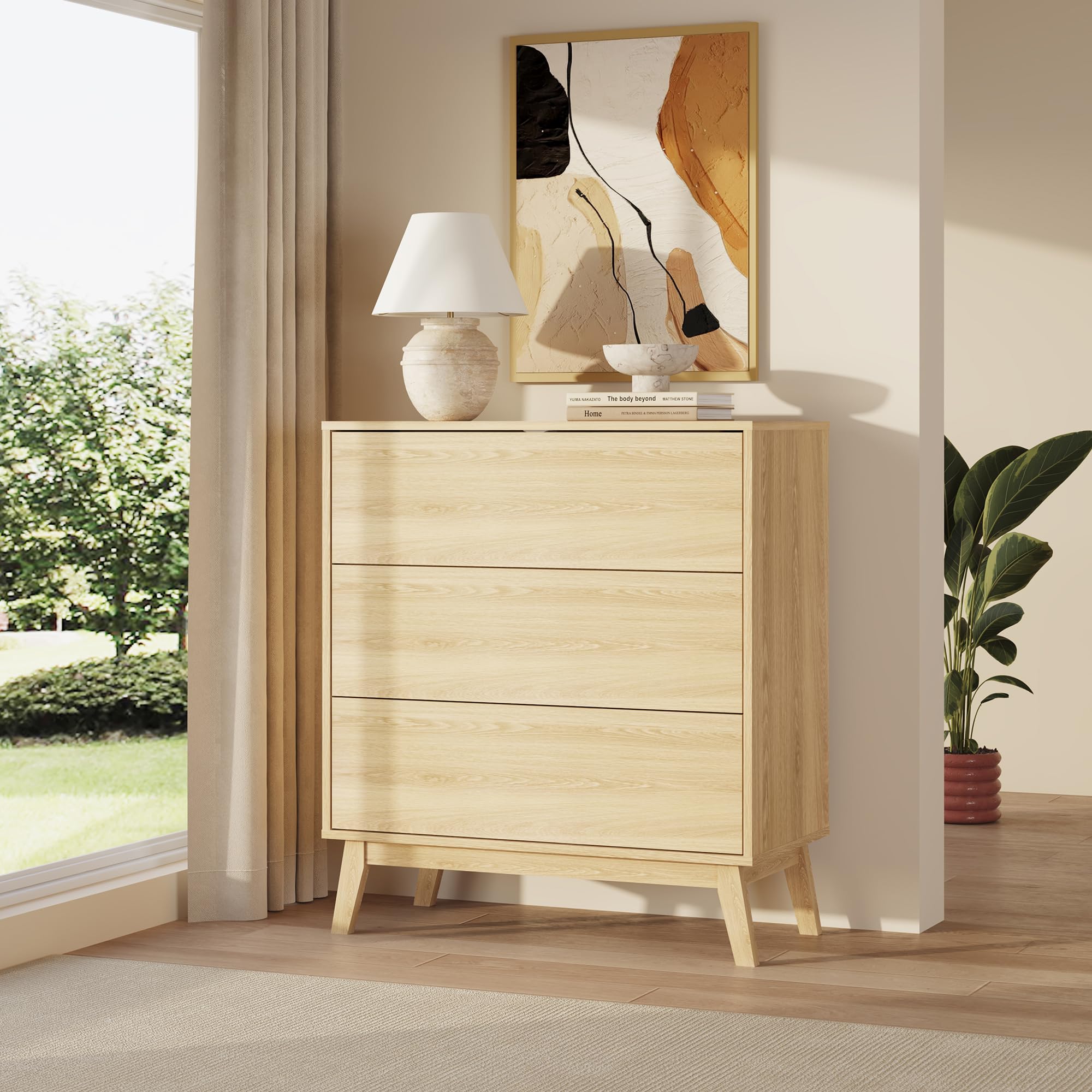 [en.casa] Kommode mit Schubladen Aastmabospoo Schubladenschrank Schlafzimmer Kommodenschrank groß Schrank Sideboard Beistellschrank 90 x 80 x 40 cm Eicheoptik hell