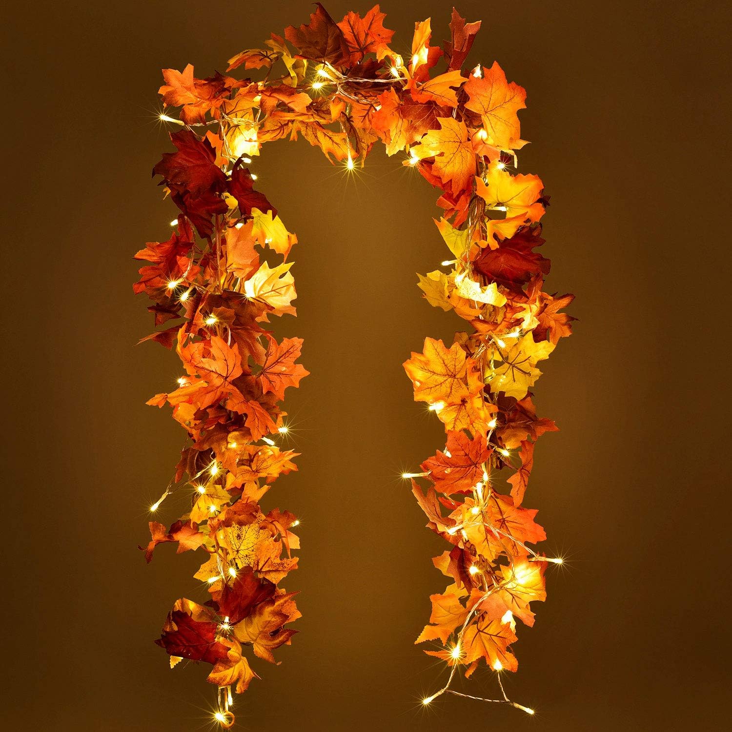 Lvydec 2 Pack Fall Garland Decoration - 5.8ft/Strand Artificial Maple Garland with 16ft 40 LED String Lights for Home Wedding Party Thankgiving