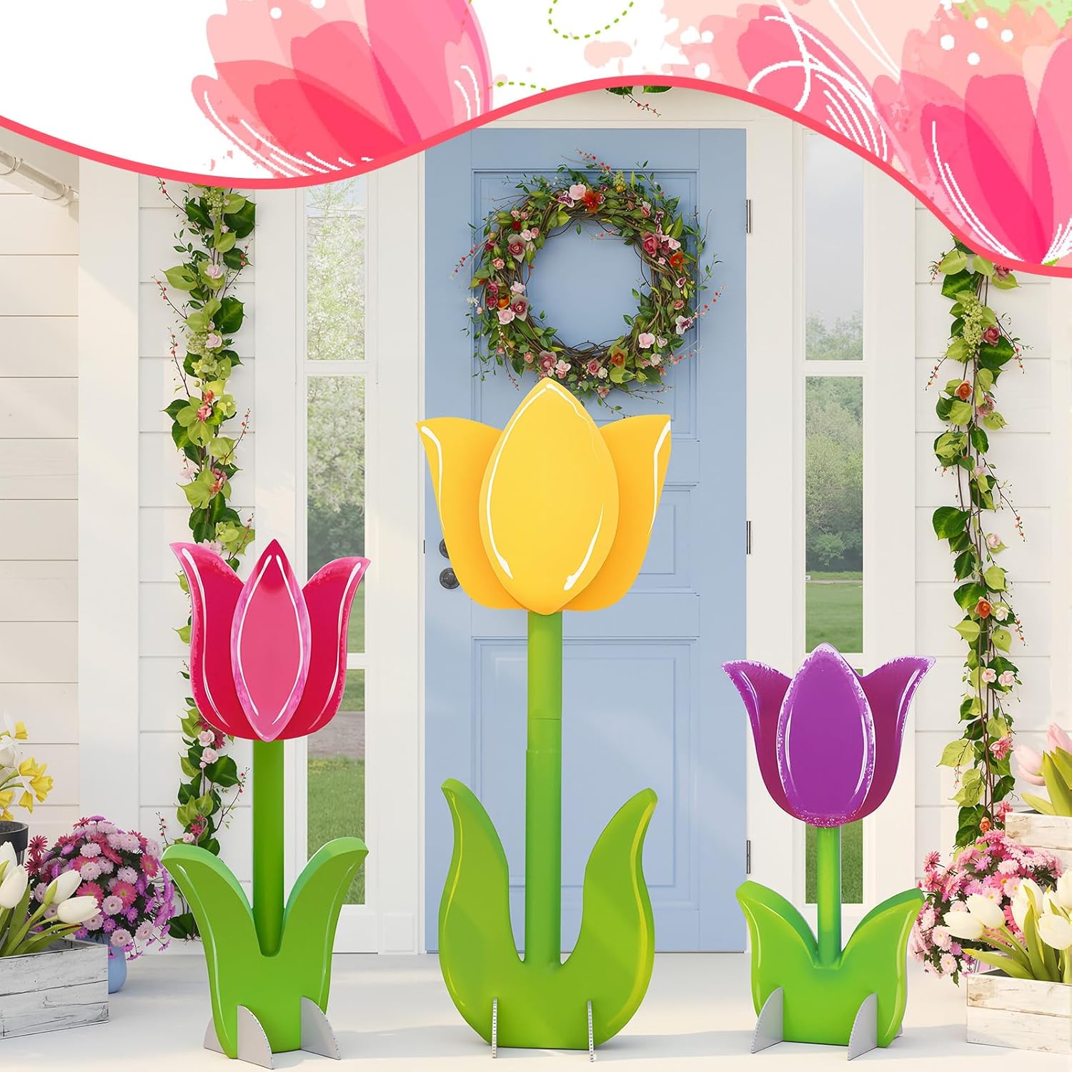 Amyhill 3 Pcs Spring Easter Decorations Tulip Cardboard Cutout Standup Life Size 16.93/23.23/29.92 Inches Tulip Flower Cardboard Cutouts for Indoor Outdoor Yard Baby Shower Party Photo Props Favors