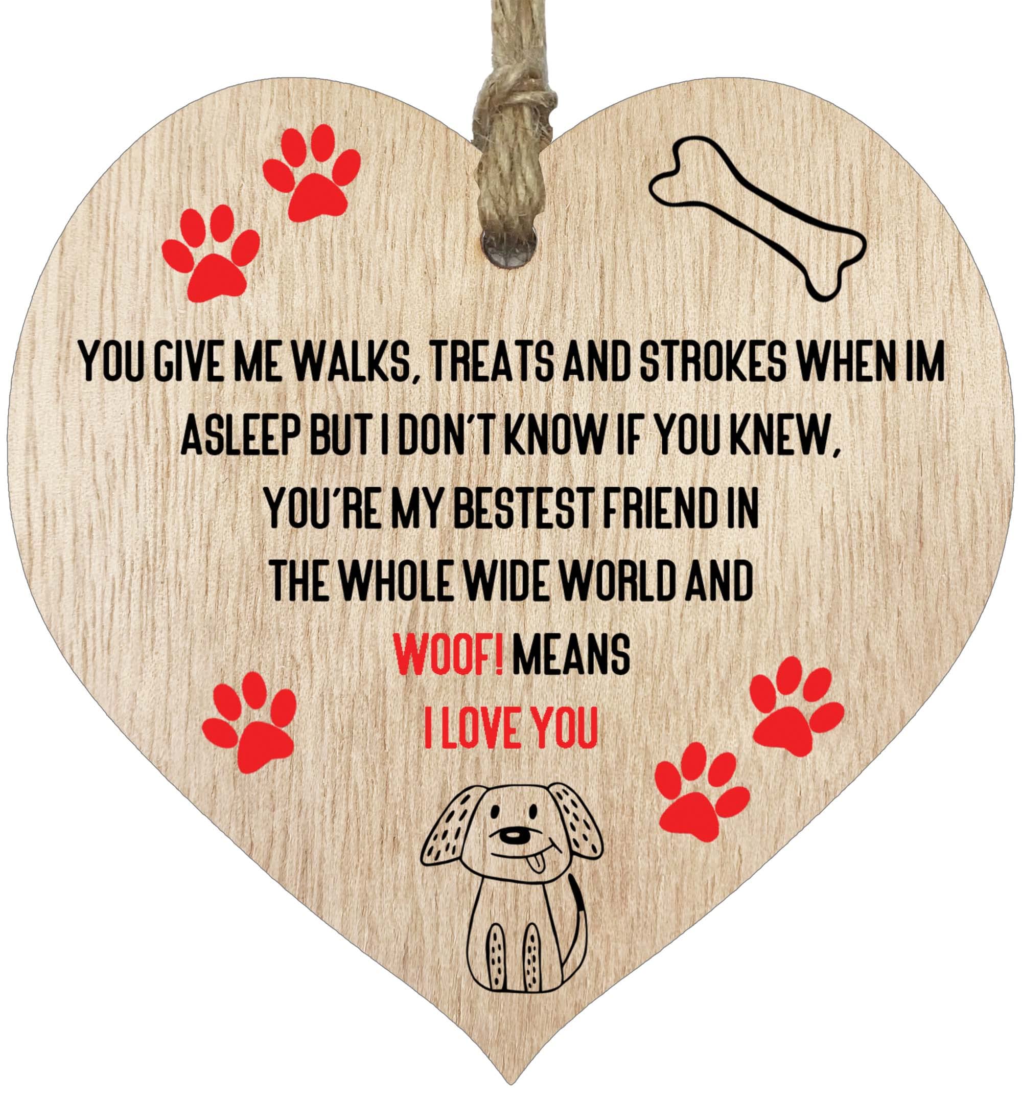 Mothers Fathers Day From The Dog Gifts - Woof Means I Love You - Hanging Wooden Heart Sign Plaque Thoughtful Gifts for Dog Mum or Dad, Light Wood Hearts Signs, Friendship Plaques