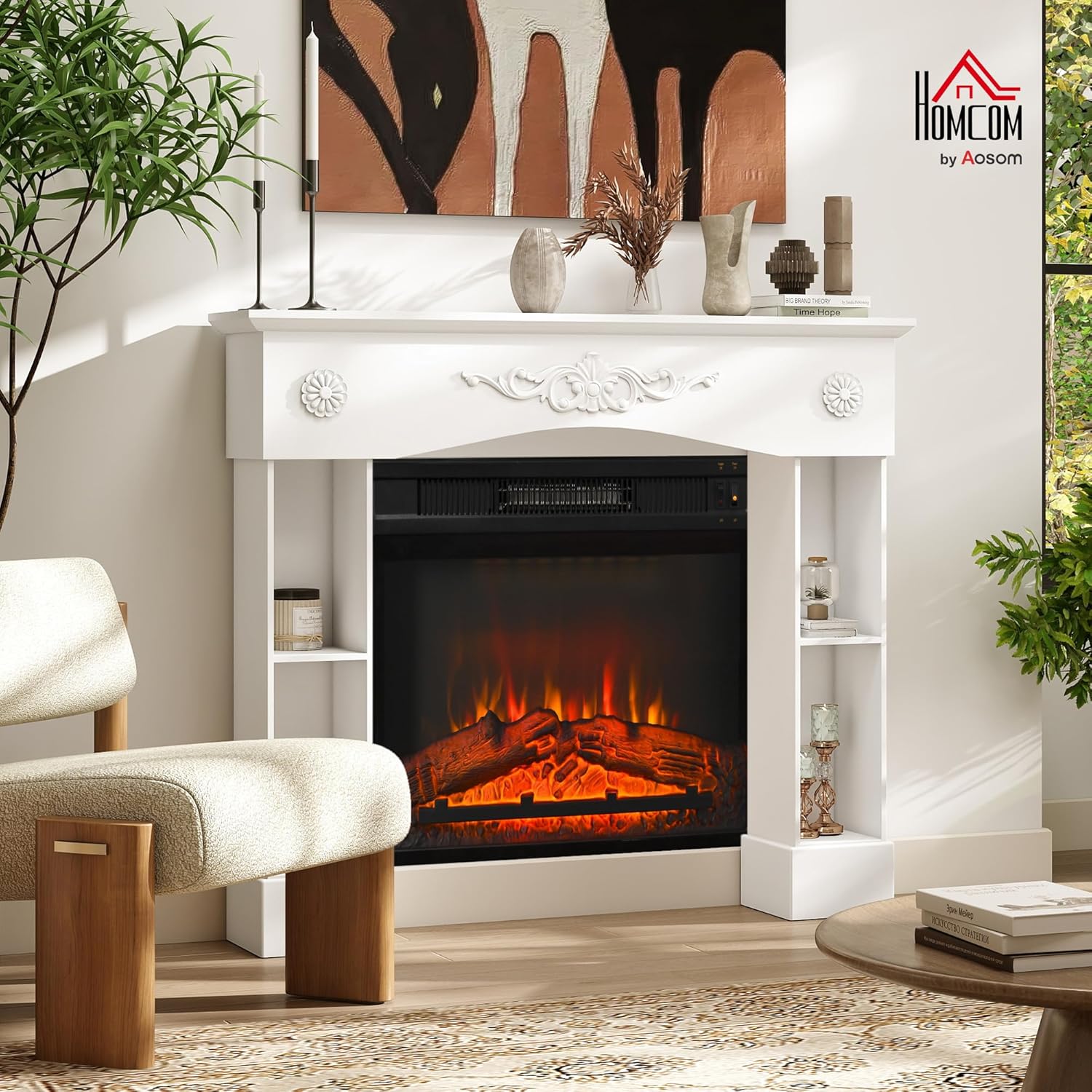 HOMCOM Baroque Fireplace Mantel, Freestanding Fireplace Surround with Leg for Electric Fireplaces, 45.3" W x 39.4" H, White