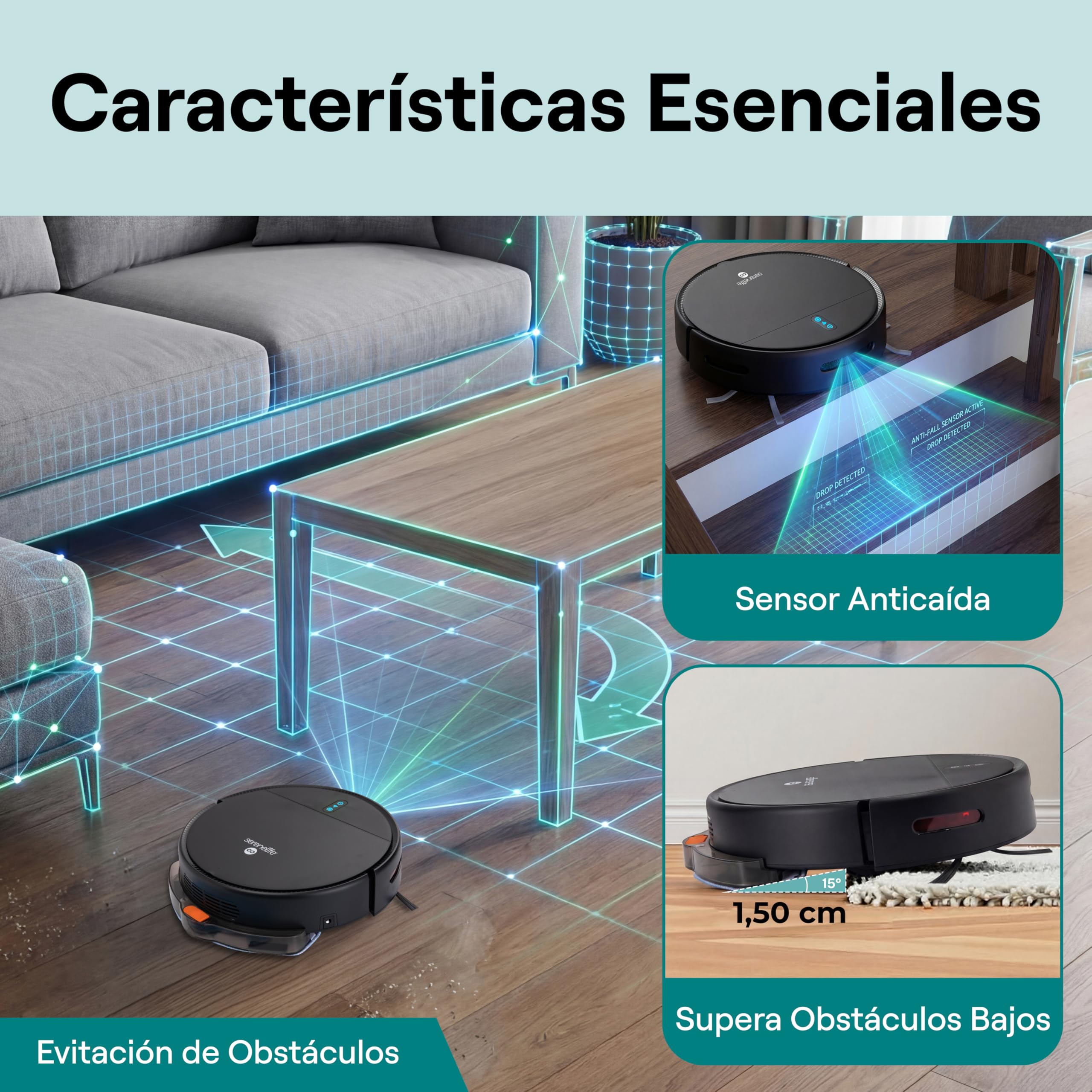SereneLife Robot aspiradora y mopa Inteligente automática, Control por aplicación, 3 Modos de Limpieza, Autocargable, Succión de 700Pa, Ideal para Pelo de Mascotas, alfombras y Suelos Duros