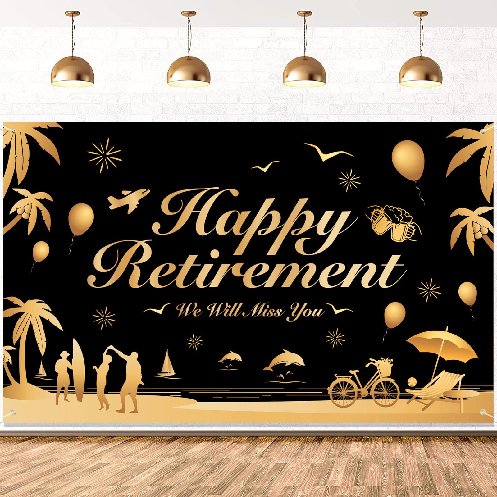 DPKOW Black Gold Happy Retirement Banner for Retirement Party Decorations, Large Fabric Retirement Photo Backdrop Background Banner for Garden Wall Hanging Decoration, We Will Miss You, 185 * 110CM