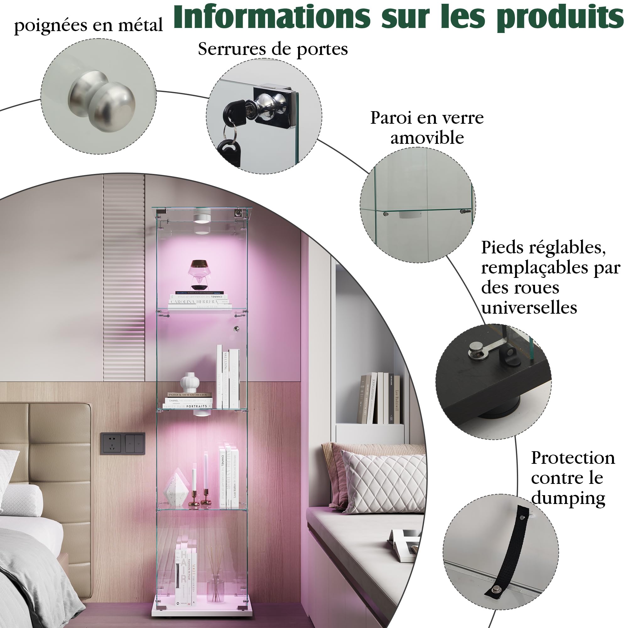 vitrina de cristal, armario de colección moderno de cristal de 4 capas, con luz LED multicolor, escaparate para manualidades, salón, libros (blanco, 1 puerta de 4 pisos)