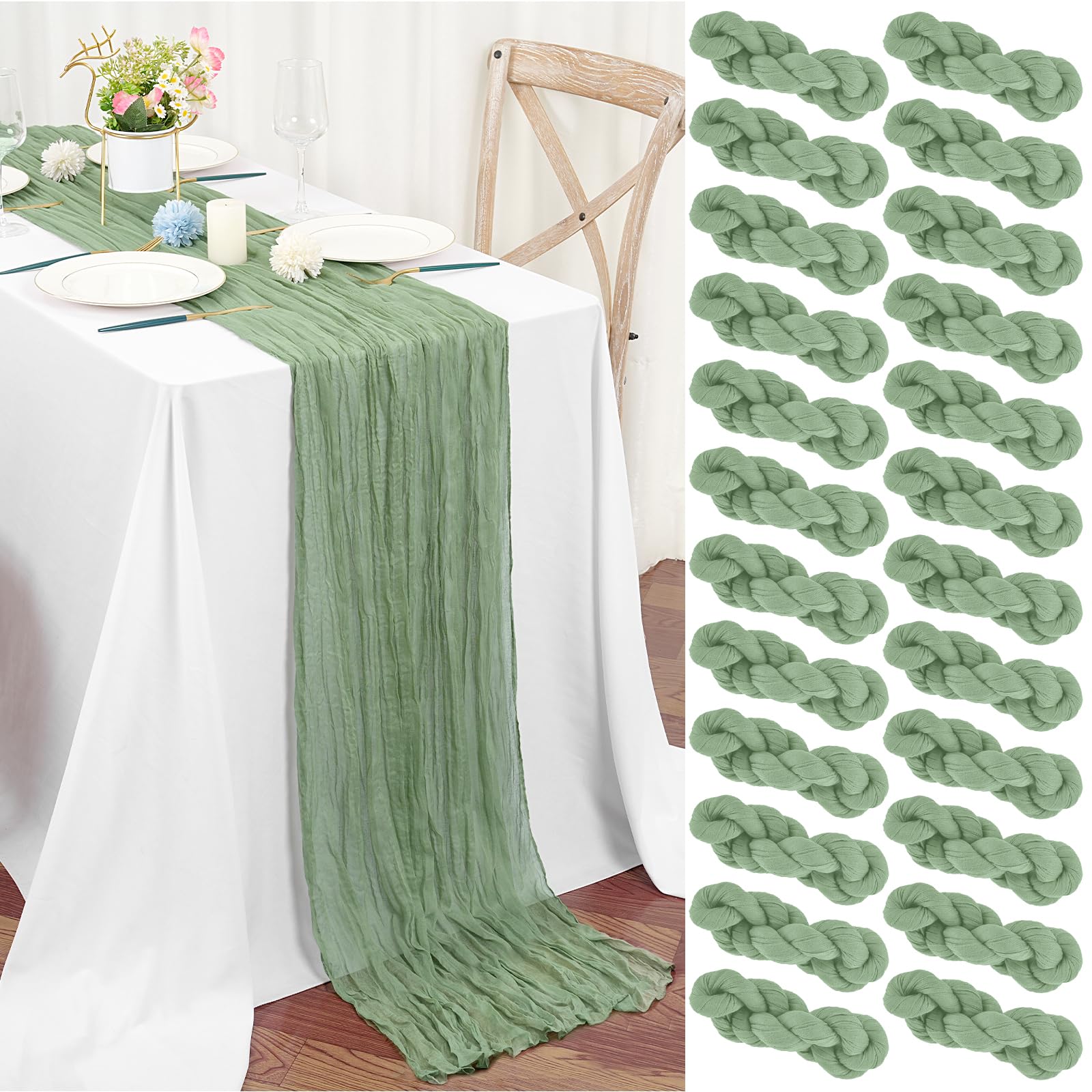 Teruntrue 24 Pack Sage Green Cheesecloth Table Runner 45x275 cm Boho Gauze Cheese Cloth Table Runner for Wedding Party Baby Bridal Shower Birthday Decorations