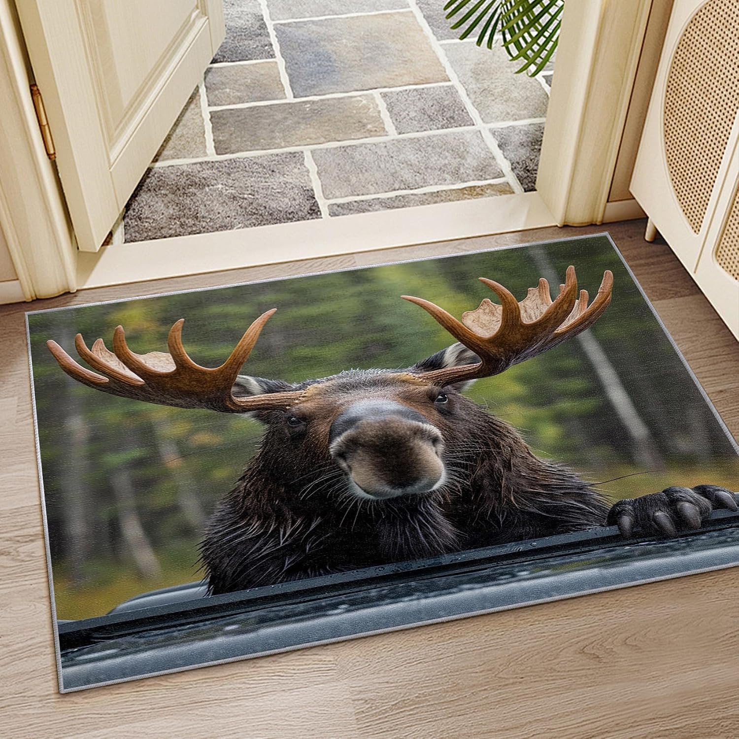 5x7 Rug, Moose Rug, 3D Cabin Wild Animal Rugs for Living Room Bedroom, Wildlife Carpet, Washable & Non Slip & Soft Low Pile Large Indoor Area Rug, Moose Home Decor & Gifts