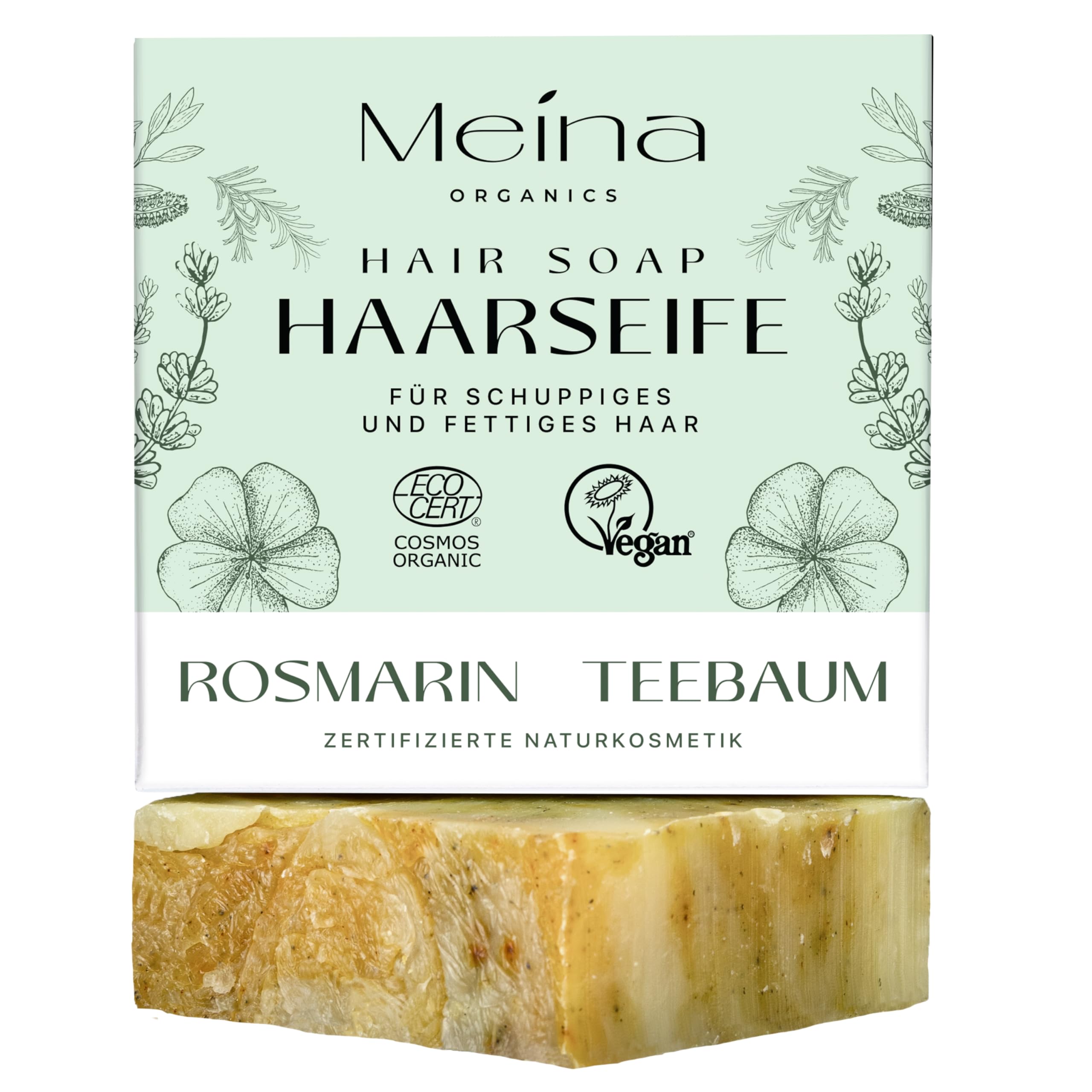 Meina Bio Haarseife für fettiges Haar gegen Schuppen mit Rosmarin und Teebaum, Organic Zertifiziert, Vegan, Handgemacht, Plastikfrei, Ohne Palmöl, Wie ein festes Shampoo, 80g