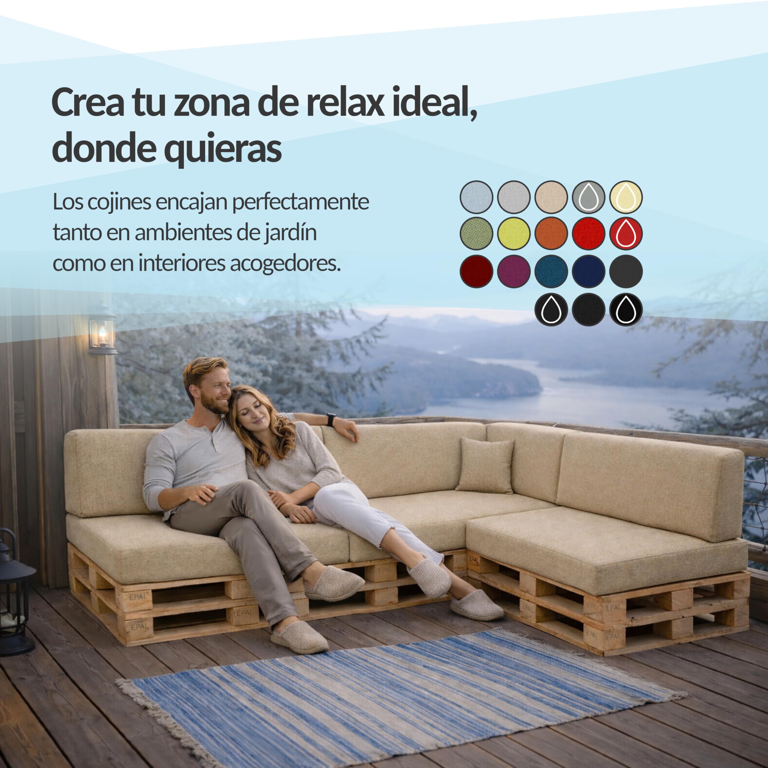 POKAR Set de 2 Cojines para Palets Impermeable | 1x Asiento 120x80 + 1x Respaldo 120x40 para Sofá de Jardín | Fundas Desenfundables | Ideal para Europalés | Fabricado en UE | Oeko-Tex | Beige