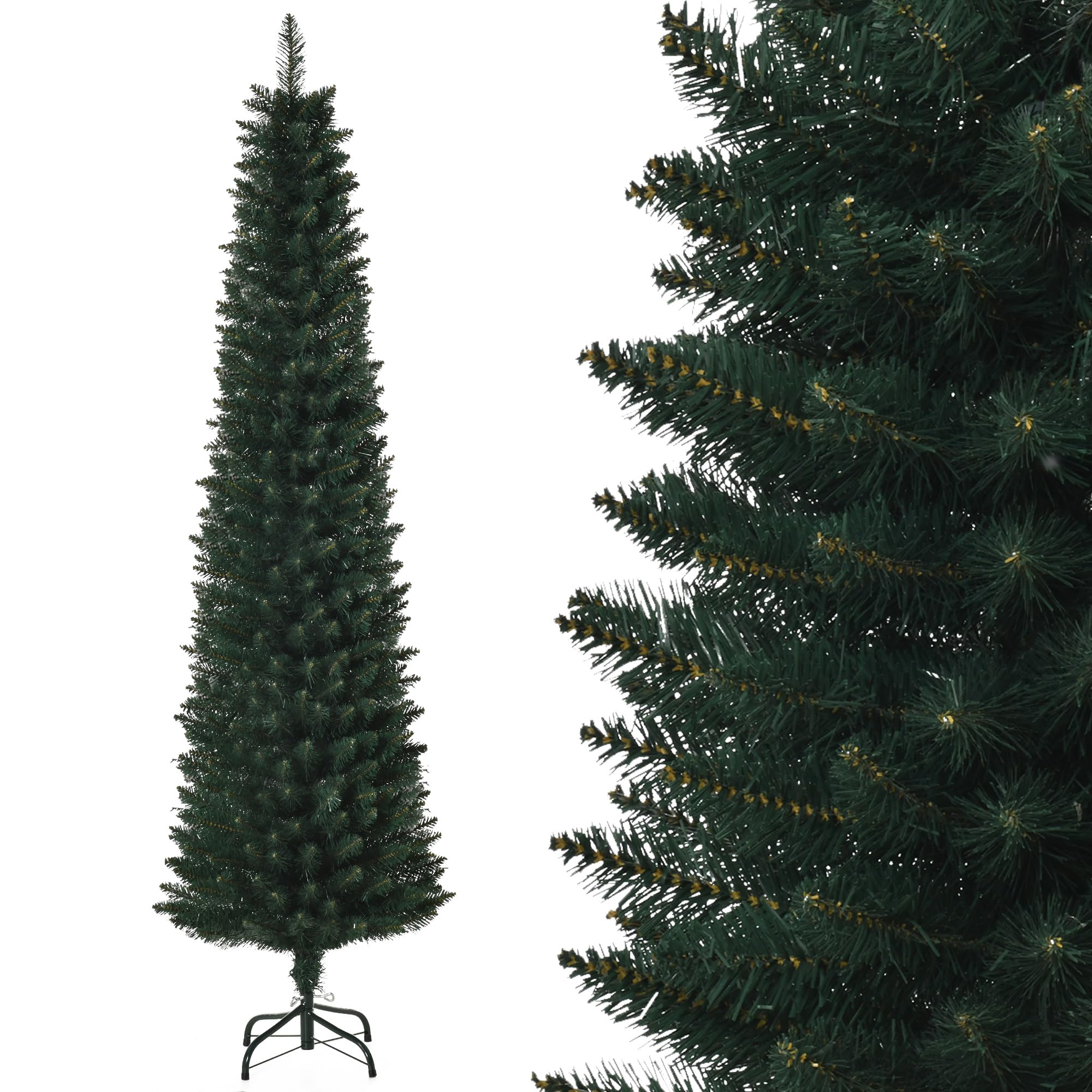 HOMCOM Sapin de Noël Artificiel 180 cm Fin et Haut Support Métal Vert | Arbre de Noël Slim, 380 Pointes de Branche, Pliable, Facile à Monter et Ranger, Maison Bureau