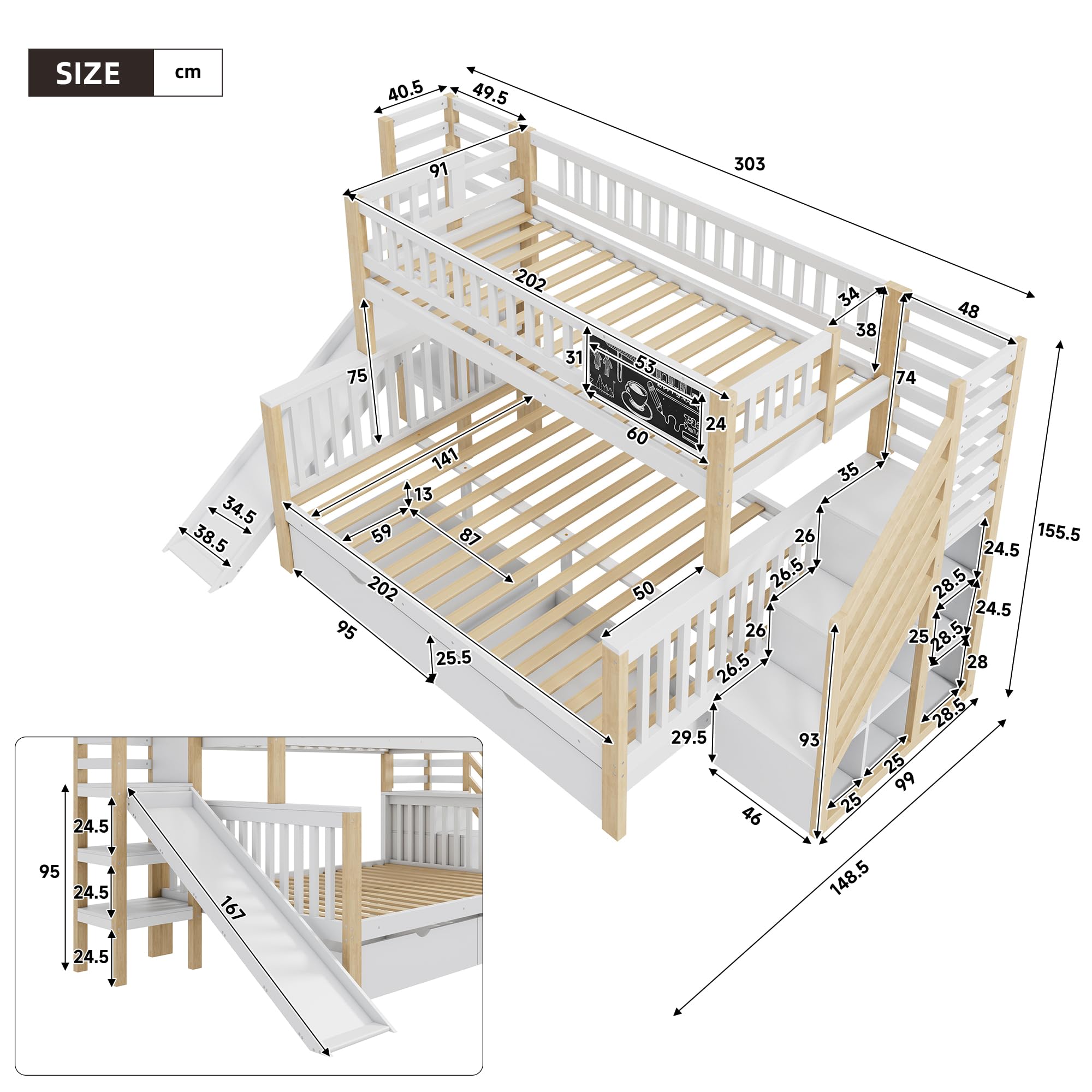 Azkoeesy Letto a Castello per Bambini con Scivolo, scala portaoggetti, 2 cassetti e lavagnetta, design modulare, parapetto sicurezza e doghe, struttura in pino, bianco e naturale, 140x200+90x200 cm