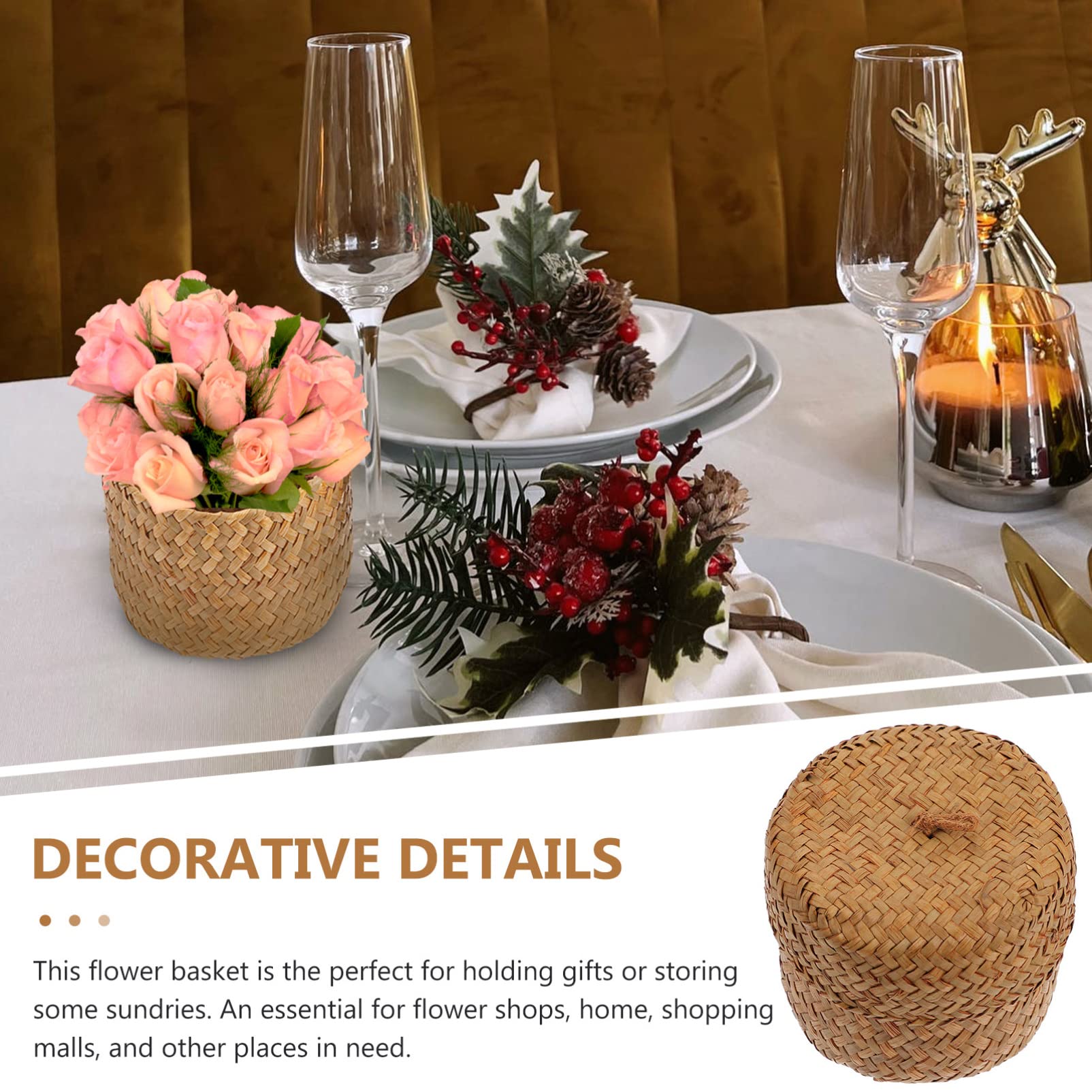 DOITOOL Mini Round Seagrass Basket with Lid, Hand Woven Basket for Empty Decorative Wicker Storage Basket with Lids for Organizing, Tabletop Decorative Flower Storage Basket (Yellow, 12x9cm)