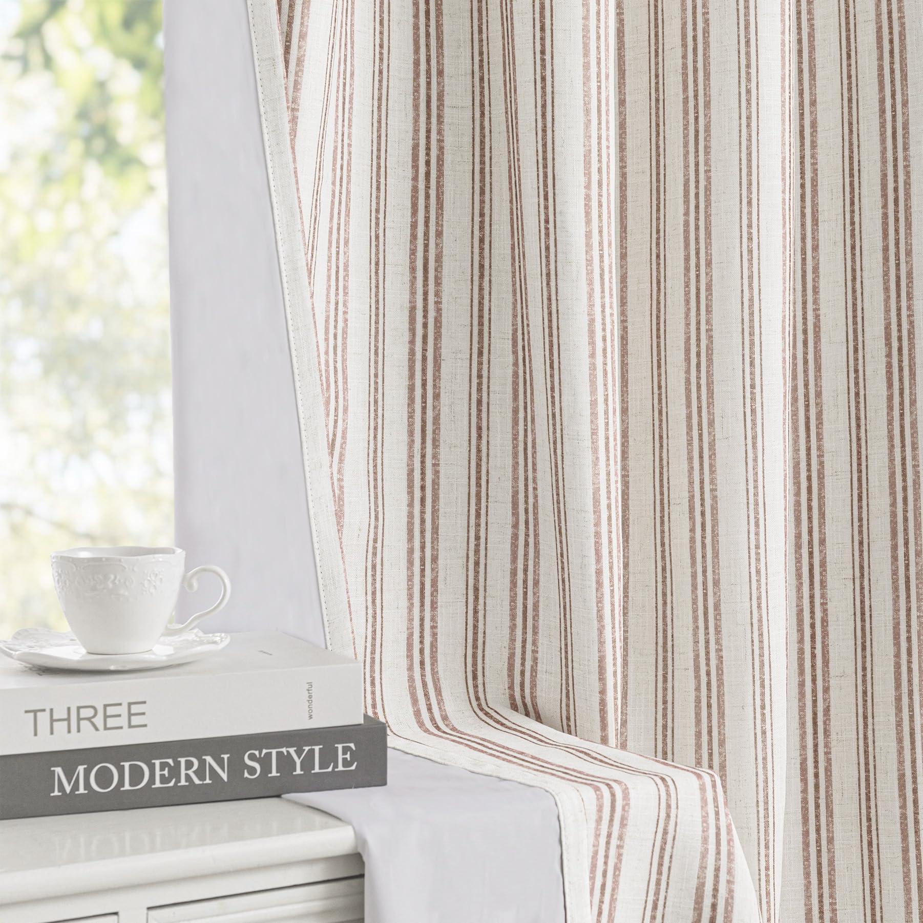 MYSKY HOME Taupe Striped Linen Curtains 100% Blackout 52Wx63L,2 Panels