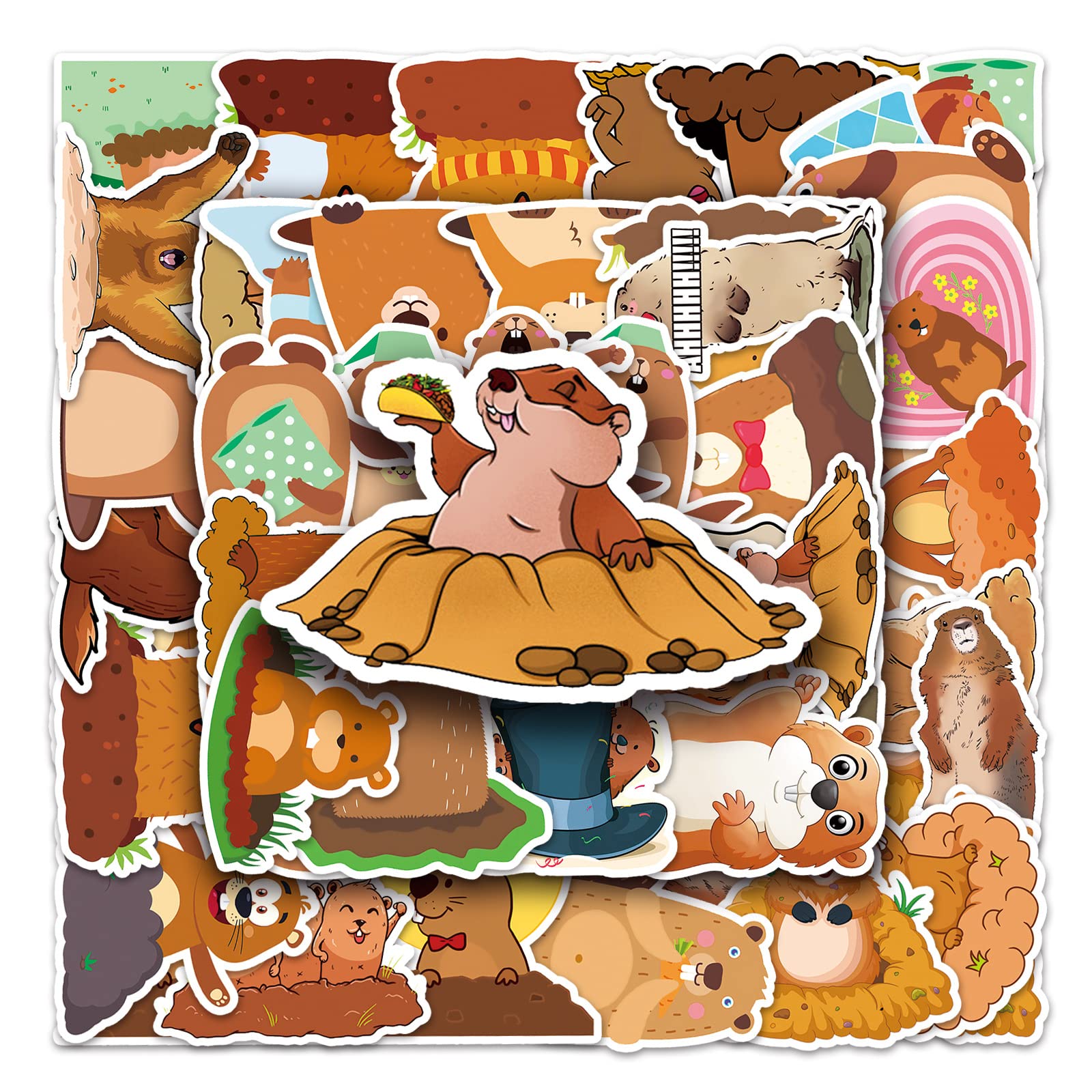 50PCS Groundhog Stickers for Water Bottle Computer Skateboard Scrapbook Phone Luggage Bike Guitar Helmet Refrigerator,Cute Cartoon Animal Waterproof Graffiti Decals for Teens Kids Adults