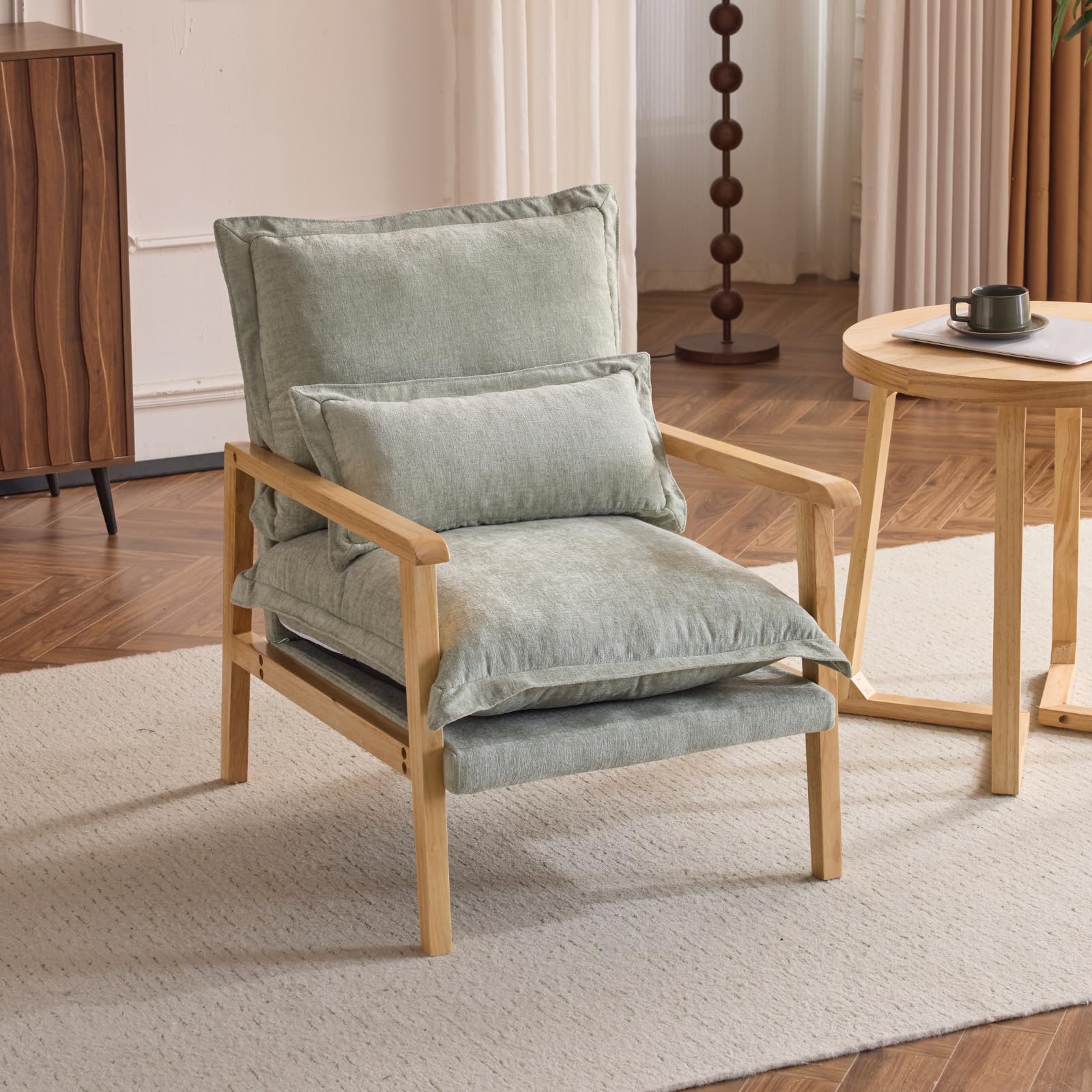 Karl home Plush Chenille Accent Chair with Lumbar Pillow & Ruffled Design Cozy Lounge Chair for Living Room, Bedroom, Reading Corner, Mint Green