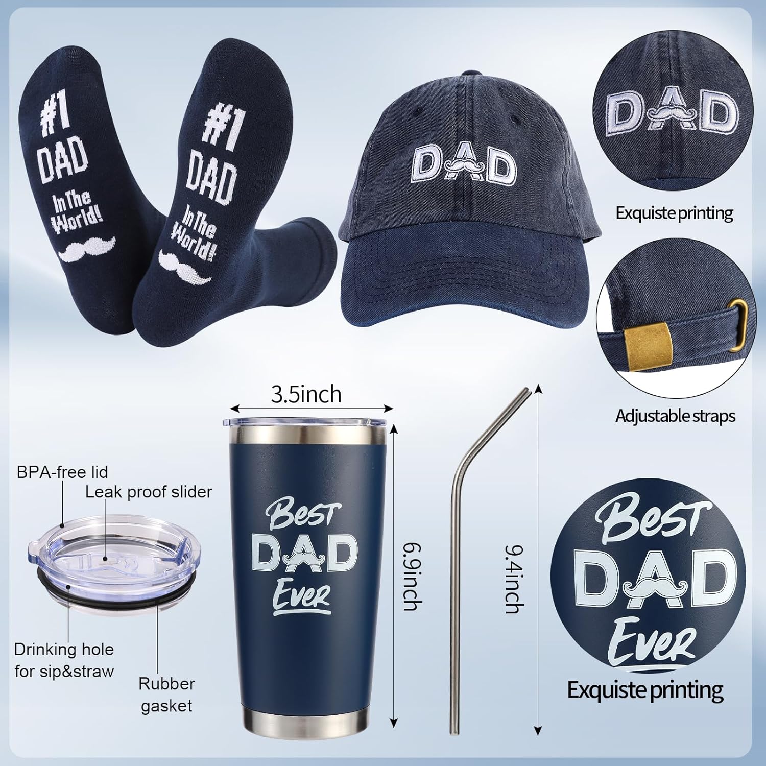 Kolewo4ever 9 Pieces Dad Gift Set Best Dad Gifts for Father, Men with Tumbler Mens Socks Mens Baseball Cap Key Chain Card for Men Father Papa Christmas Gifts from Son Daughter (Navy Blue) - Image 2