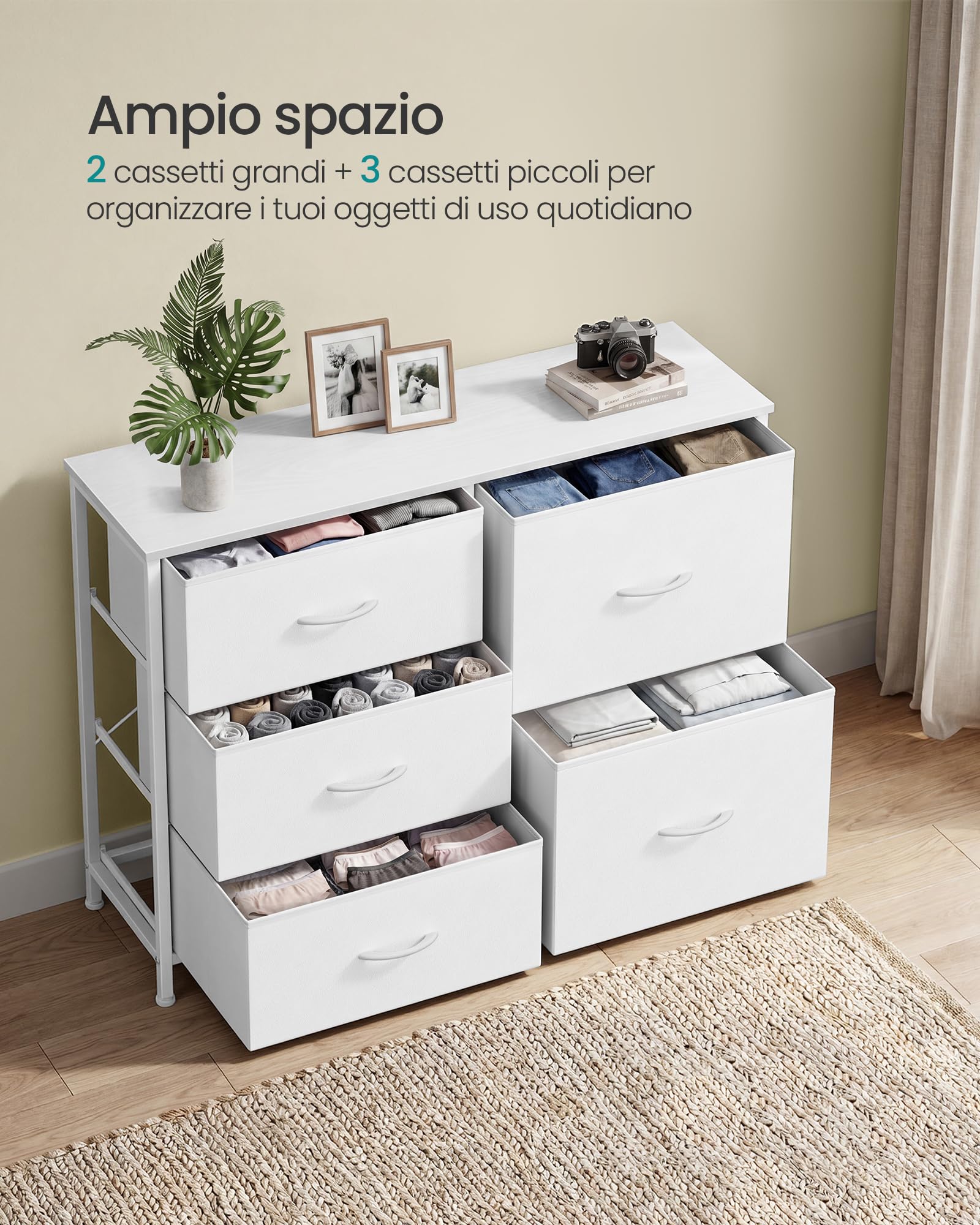 SONGMICS Cassettiera con 5 Cassetti in Tessuto, Struttura in Acciaio, Mobiletto Portaoggetti, 98,7 x 30 x 74,7 cm, per Camera da Letto, Soggiorno, Bianco Nuvola, Collezione Bellah LGS235W101