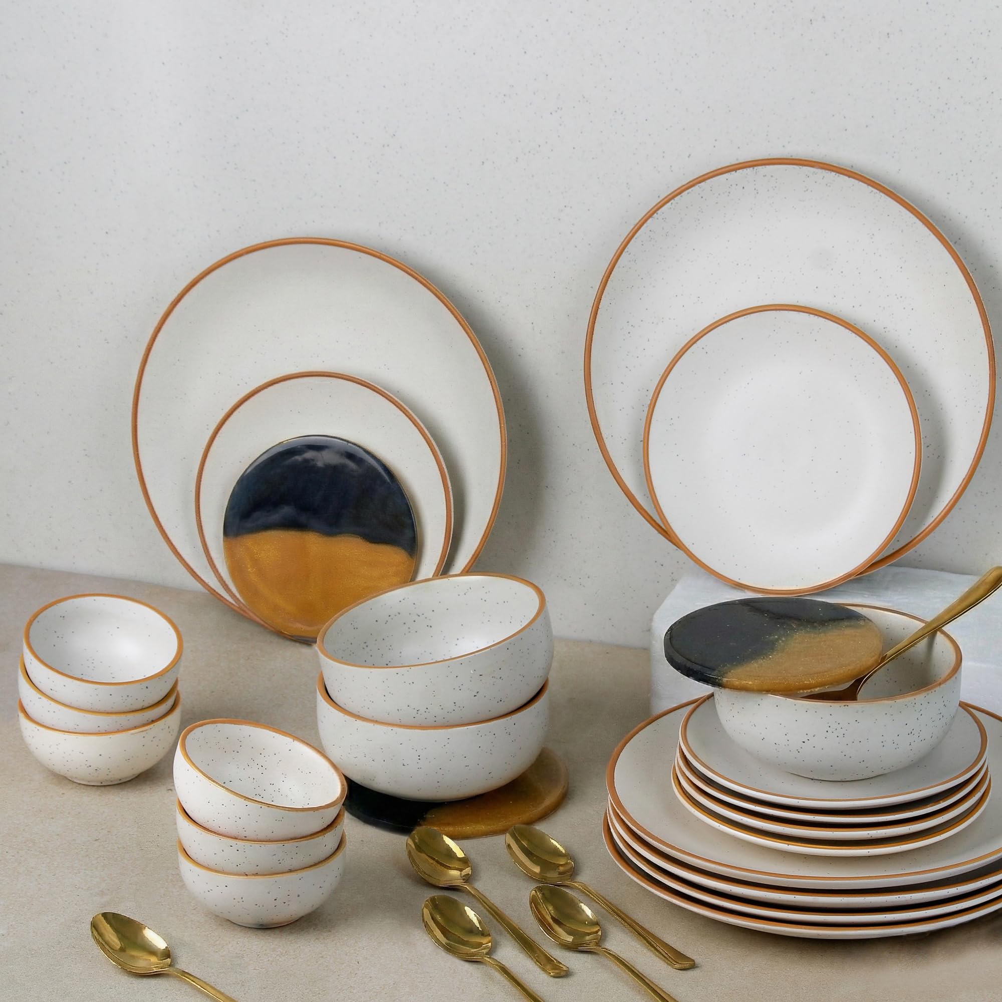 The Earth Store Handcrafted White Matte Brown Ceramic Dinner Set, 30 Pieces Serving for 6, Microwave and Dishwasher Safe, Dinner Sets | Crockery Set for Gifting & Dining