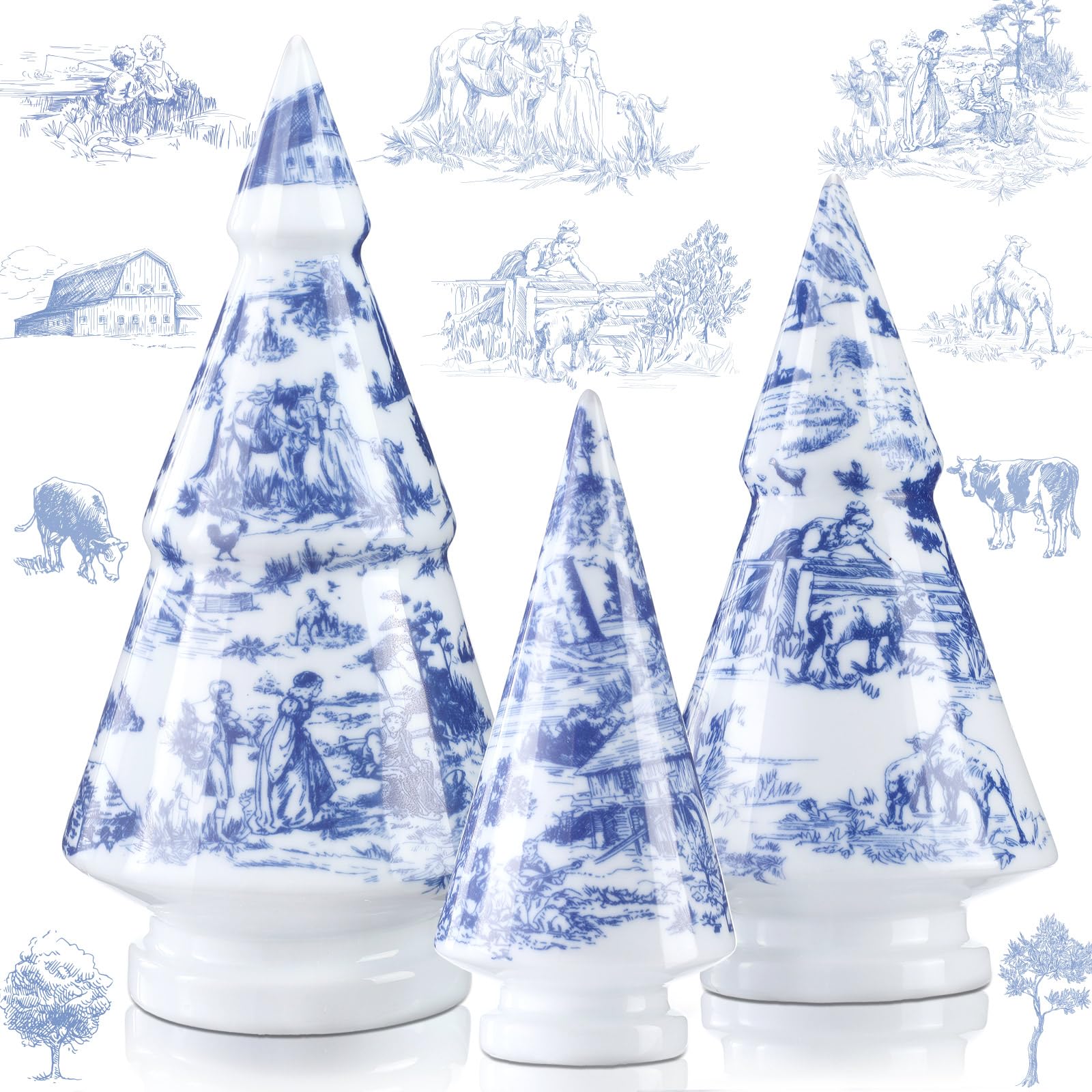 Soaoo3 Pcs French Country Style Delft Blue Christmas Tree Blue and White Porcelain Christmas Tree Vintage Farmhouse Ceramic Figurine Chinoiserie Mini Chic Concise Village Ornaments Decor