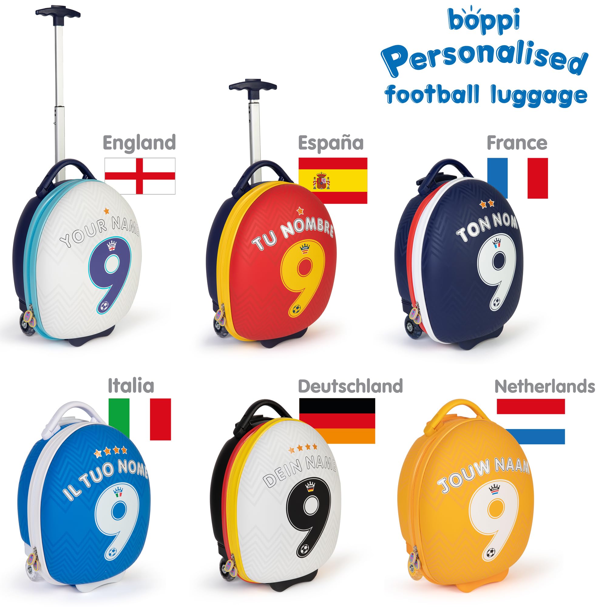 boppi Tiny Trekker Kinderkoffer mit Rollen 17L | Leichter Reisetrolley für Kinder Handgepäck Größe | Fußball Deutschland Design mit Stickern | Kinder Reisekoffer WM 2026 Weltmeisterschaft Fan Koffer