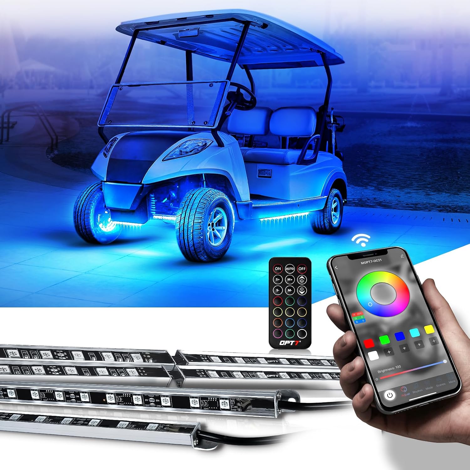 OPT7 Aura Pro RGB Aluminum Golf Cart Underglow with App & Remote, 12V