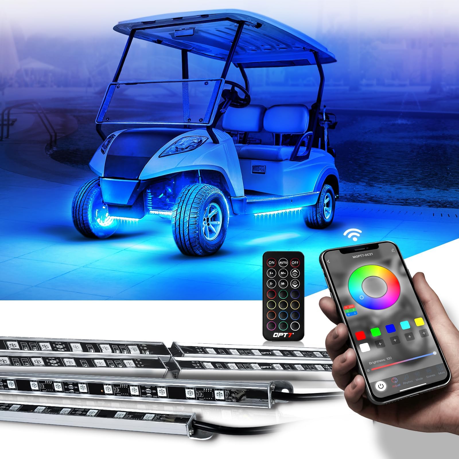 OPT7 12V Aura Pro Underglow Lights Kit for Golf Cart with APP & Remote Control, Waterproof Rigid Aluminum Light Bar, RGB Multicolor Music Sync LED Lighting Kit for EZGO Yamaha Club Car