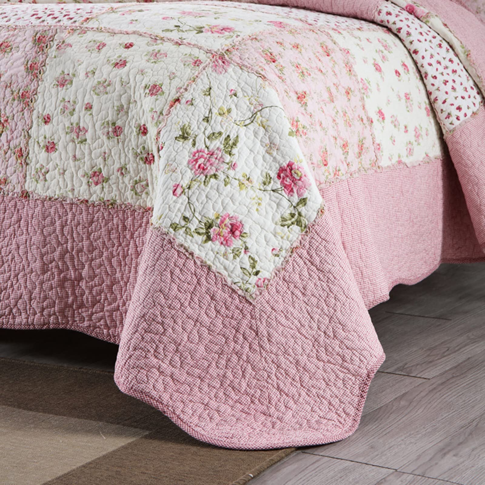 KISKIS Patchwork Colcha Acolchado Sobrecama Suave Floral Cubre Cama 230X250cm, Elegante Y Hermoso con 2 Fundas De Almohada