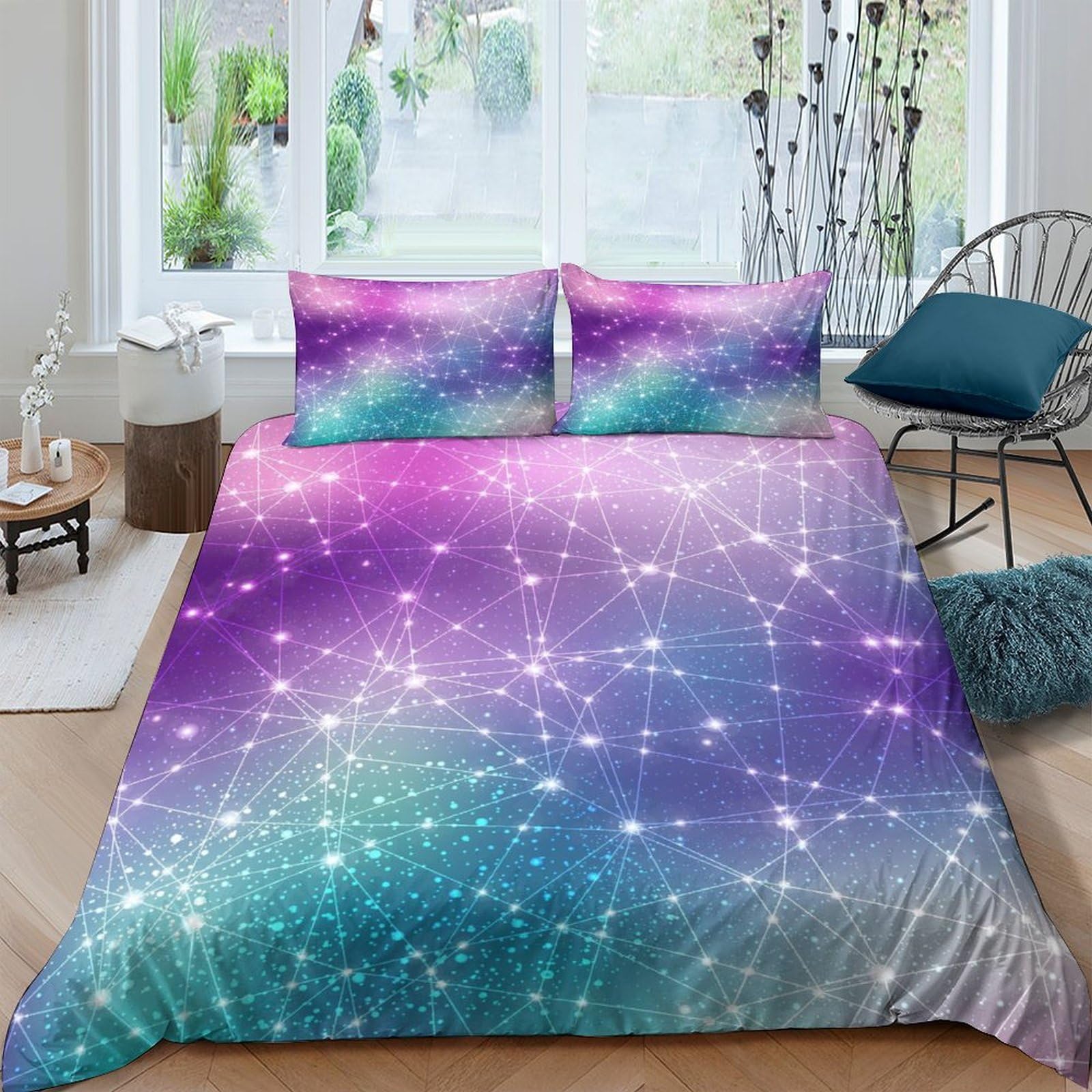 Ctjqhvkz Style-8 3D Printed Galaxy Starry Sky Fitted Sheet Microfiber Soft Gradient Purple Blue Cosmic Nebula Mattress Cover Bedroom Decor Single（135X200cm）