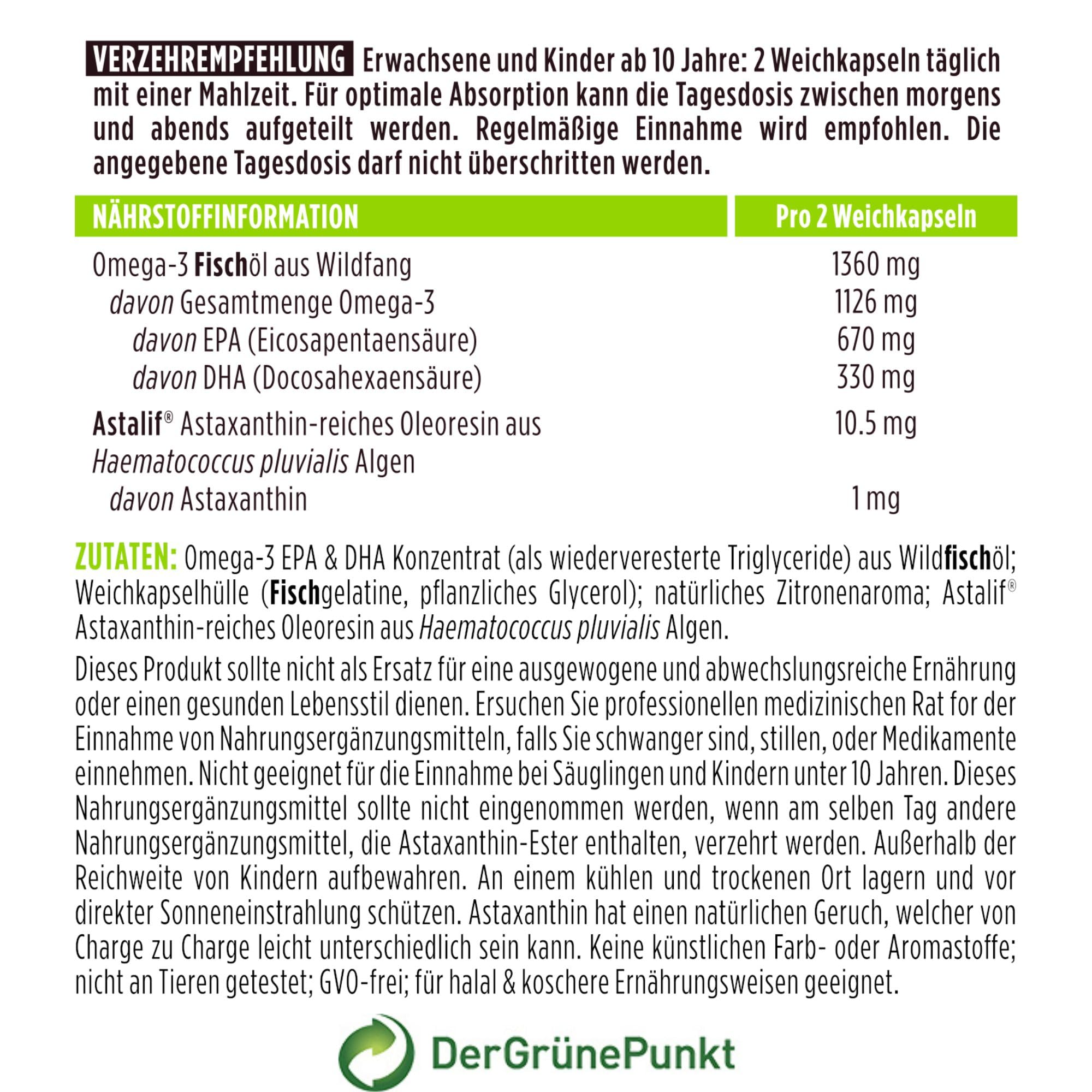 Igennus Hochwertigstes Omega-3 Wildfischöl 1360mg & Astaxanthin | Triglyceridform rTG, 1000mg EPA- und DHA-Fettsäuren, ultra rein; frei von Umweltgiften, Zitronengeschmack, 180 Weichkapseln