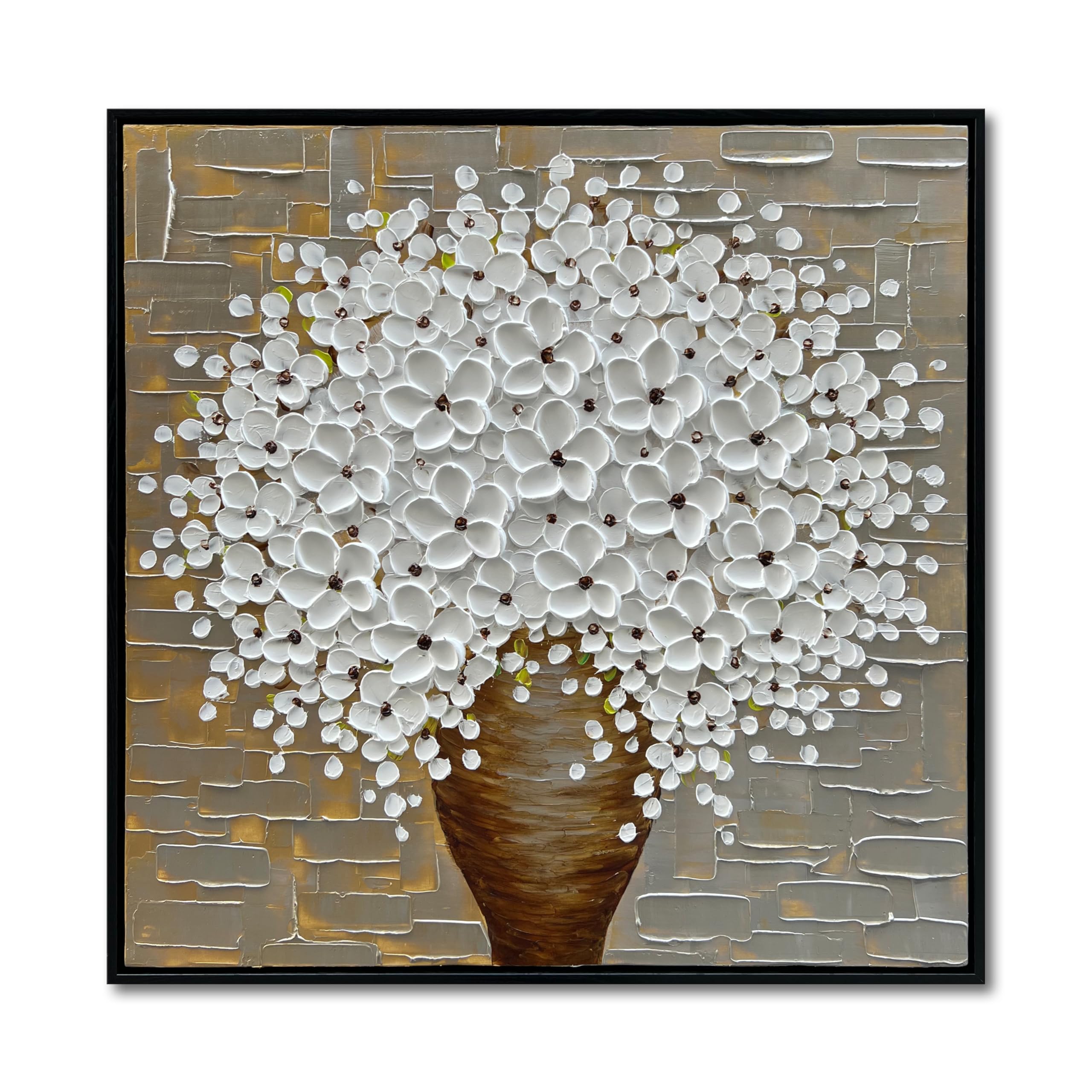 Hand-painted 3D White Flower Art Deco Oil Painting on Black Frame Canvas mural on Thick texture background White Flower Art Wall decoration 24x24 Inches