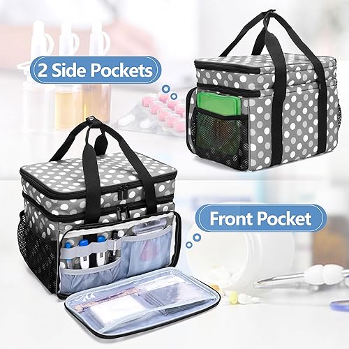 Miniatura 4 de LUXJA Bolsa de medicina de 2 capas con divisor desmontable, organizador de botellas de píldoras adecuado para uso doméstico o de viaje, puntos grises