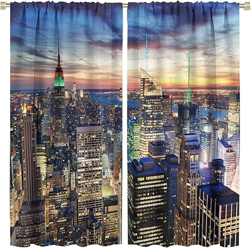 Cortinas opacas modernas de Nueva York, paisaje de la ciudad de Nueva York al atardecer amanecer, edificios, edificios, cortinas de puerta para
