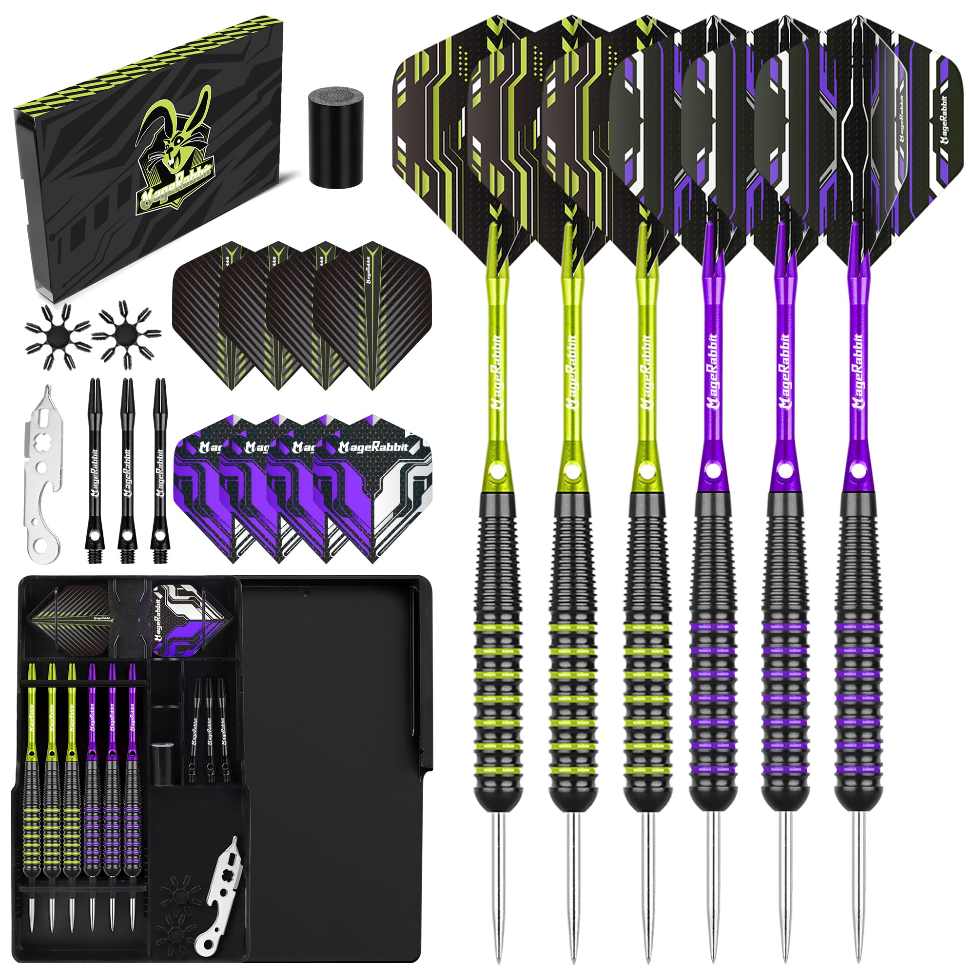 MageRabbit Steel Tip Darts, 6 Pack with Extra Flights, Shafts and Dart Tools (Green And Purple)