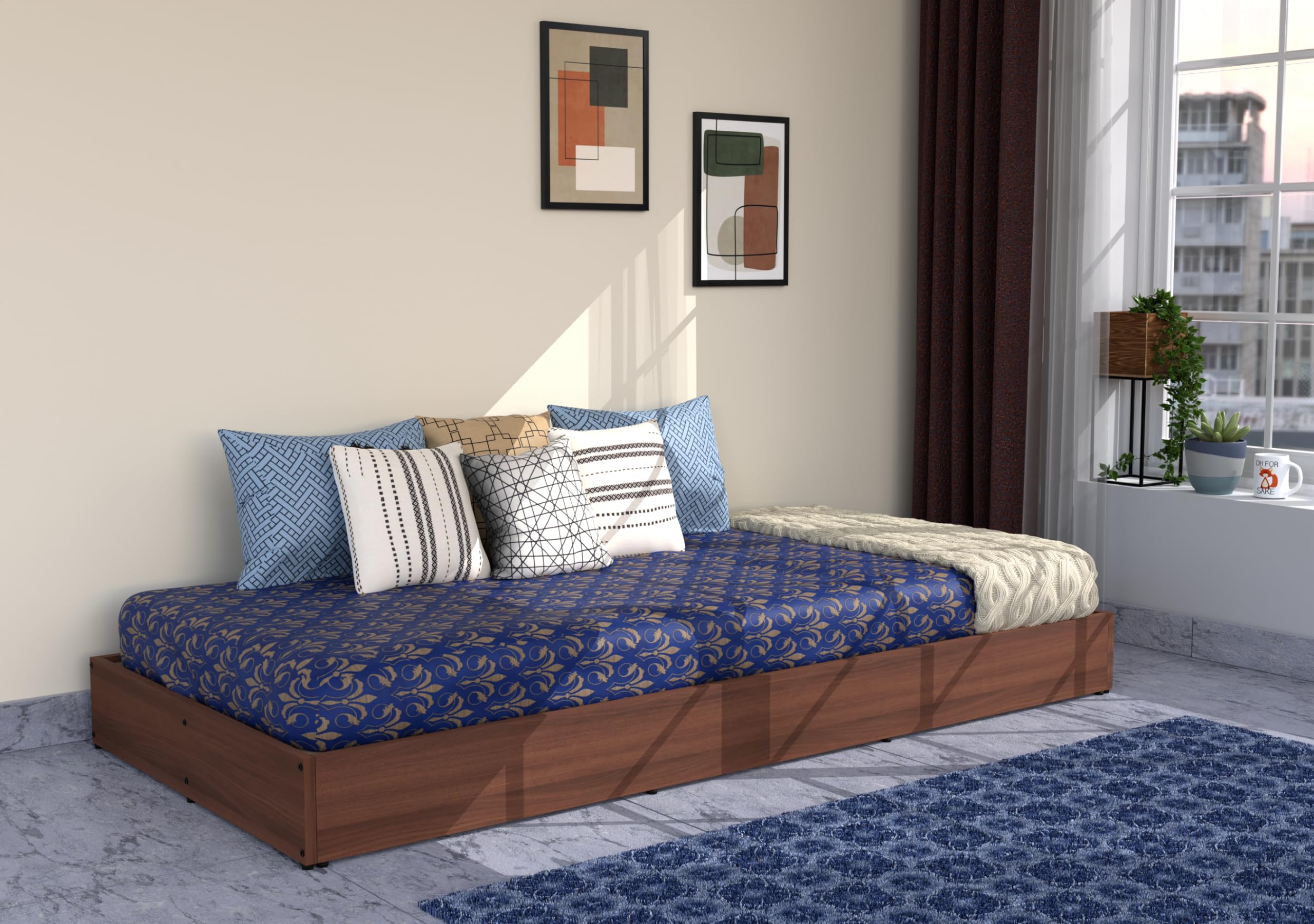 Woonden Floor Bed/Cot/Palang Without Storage and Mattress for Living Room, Drawing Room & Bedroom | Engineered Wood Single Length 78inch Width 36inch Height 7inch Floor Bed, Walnut Finish-image-46