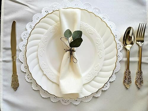 Miniatura 6 de Ocassions - Vajilla de 50-150-200 piezas para 25 invitados, color dorado, D9. Flor marfil y dorado.