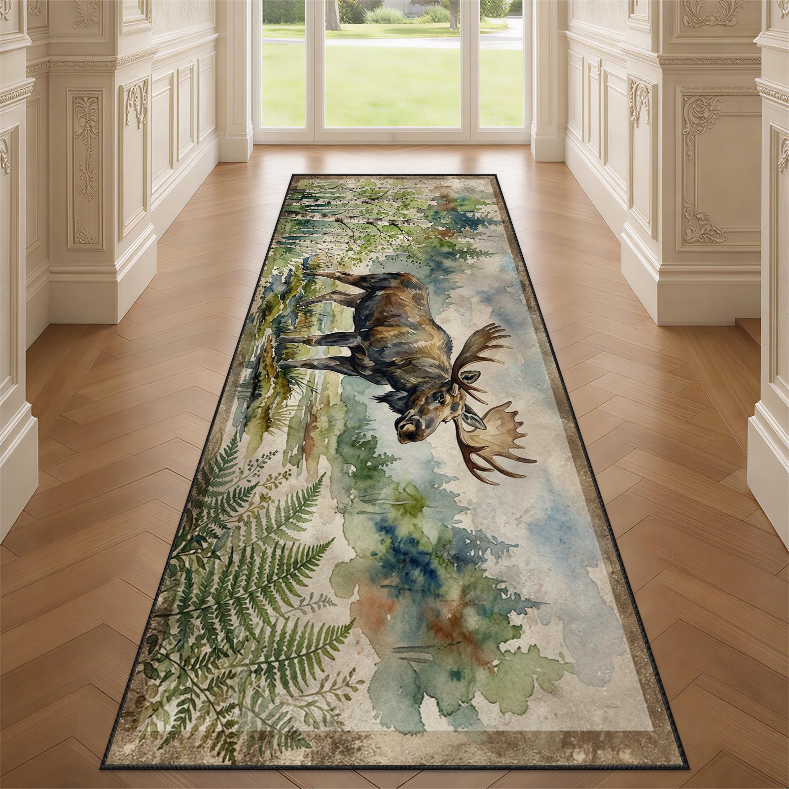 YEMYOR Moose Runner Rug for Hallway, Retro Cabin Carpet Runner 120x360cm, woodland Animal Deer Long Hall Carpet, Machine Washable, for Laundry Room Entryway Bedroom