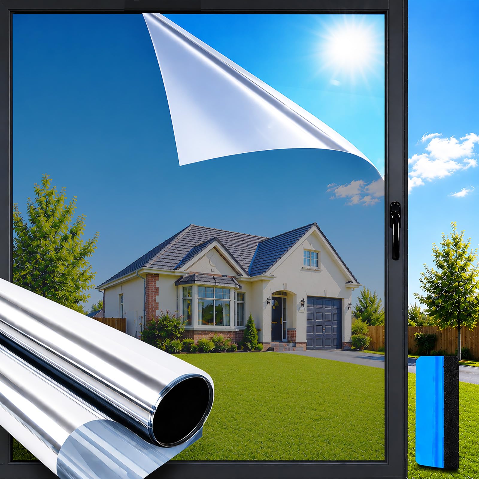 Aurathon Window Film Privacy for Glass Windows One Way Mirror Film Adhesive Reflective Window Tint Heat Control Sun Blocker Anti Glare UV Protection with Tools Home Office 90x400cm Silver