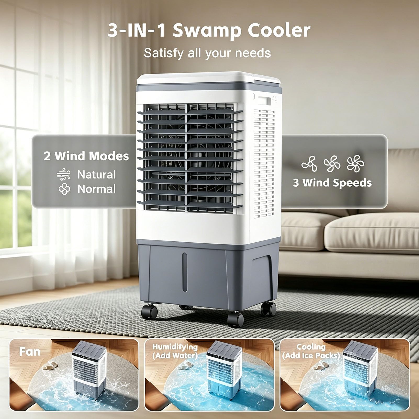 Raffreddatore d'aria evaporativo, 75 W, presa d'aria, ventola di raffreddamento portatile mobile, serbatoio dell'acqua visibile da 20 litri, 3 modalità, 3 velocità, per grandi stanze