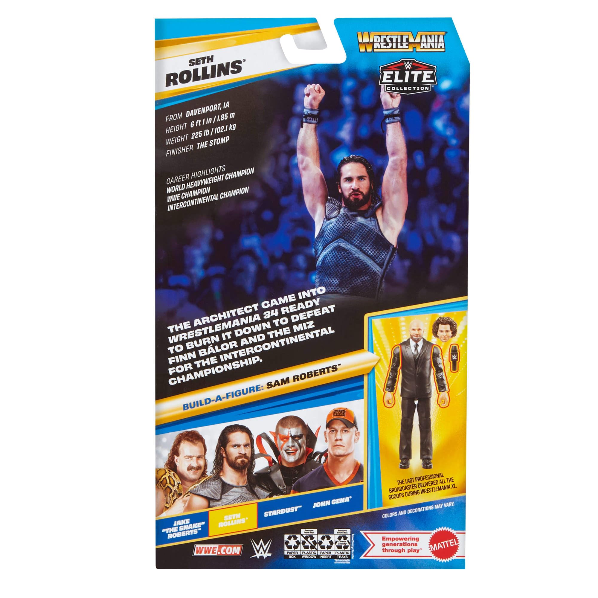 Mattel WWE Elite Collection Premium Live Event Seth Rollins Figurka i akcesoria Zestaw, Survivor Series, część do złożenia figurki Sam Roberts, zabawka dla dzieci 8+, fanów i kolekcjonerów, JHX75