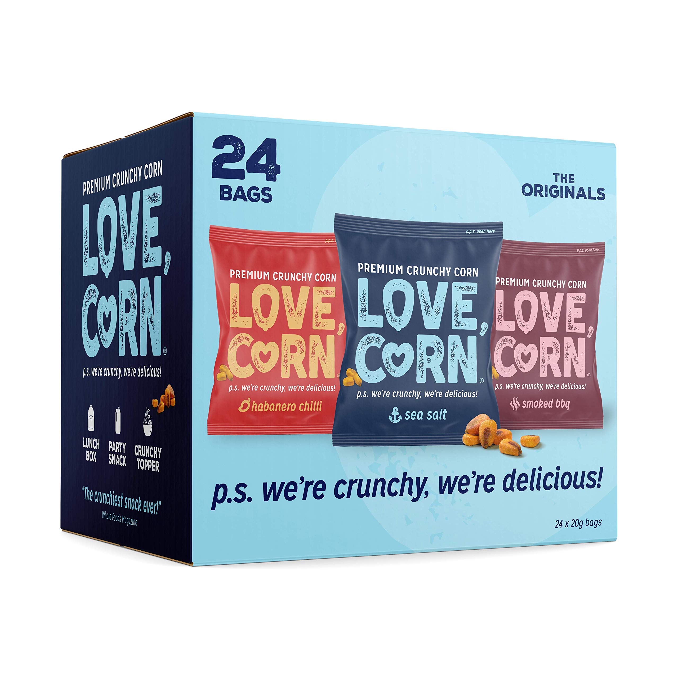 LOVE CORN: Variety Pack | 8x Sea Salt, 8x Habanero Chilli, 8x Barbecue | Roasted Crunchy Corn - Gluten-Free - Plant based & Vegan - Healthy Snack - Low Calorie - (Box of 24 bags, 20g each)