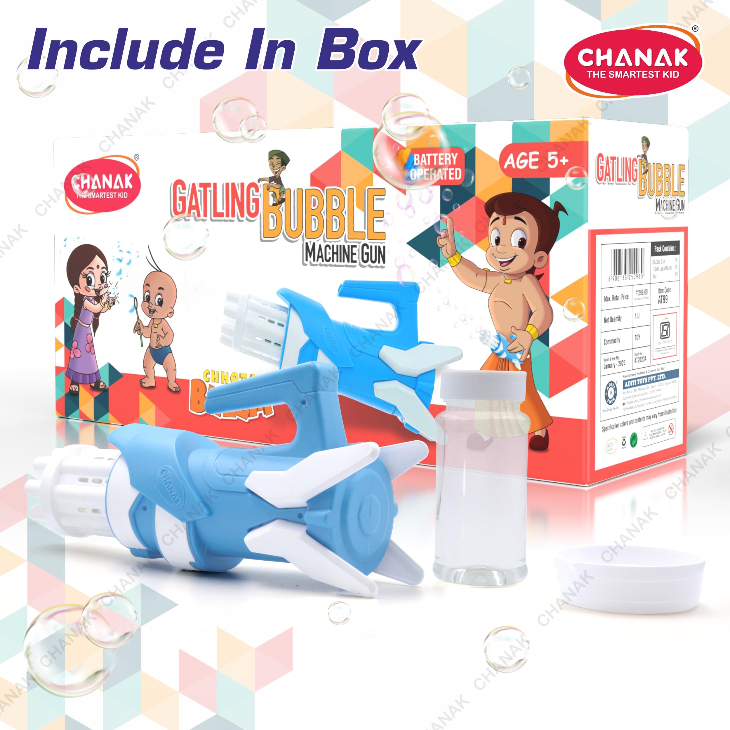 Chanak Gatling Bubble Gun for Kids, 8- Hole Bubble Gun Toy for Kids Above 3 Years, Bubble Machine for Indoor & Outdoor Play, 100% Safe & Skin Friendly (Bubble Solution Included), BIS Approved