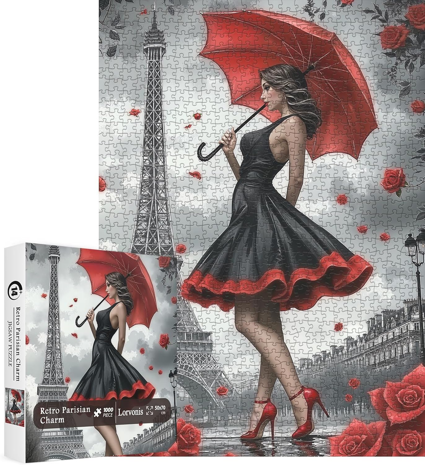 Paris Flower Woman with Umbrella Puzzles for Adults 1000 Pieces, Eiffel Tower Beautiful Girl Jigsaw Puzzles, Challenging Retro Art Puzzles